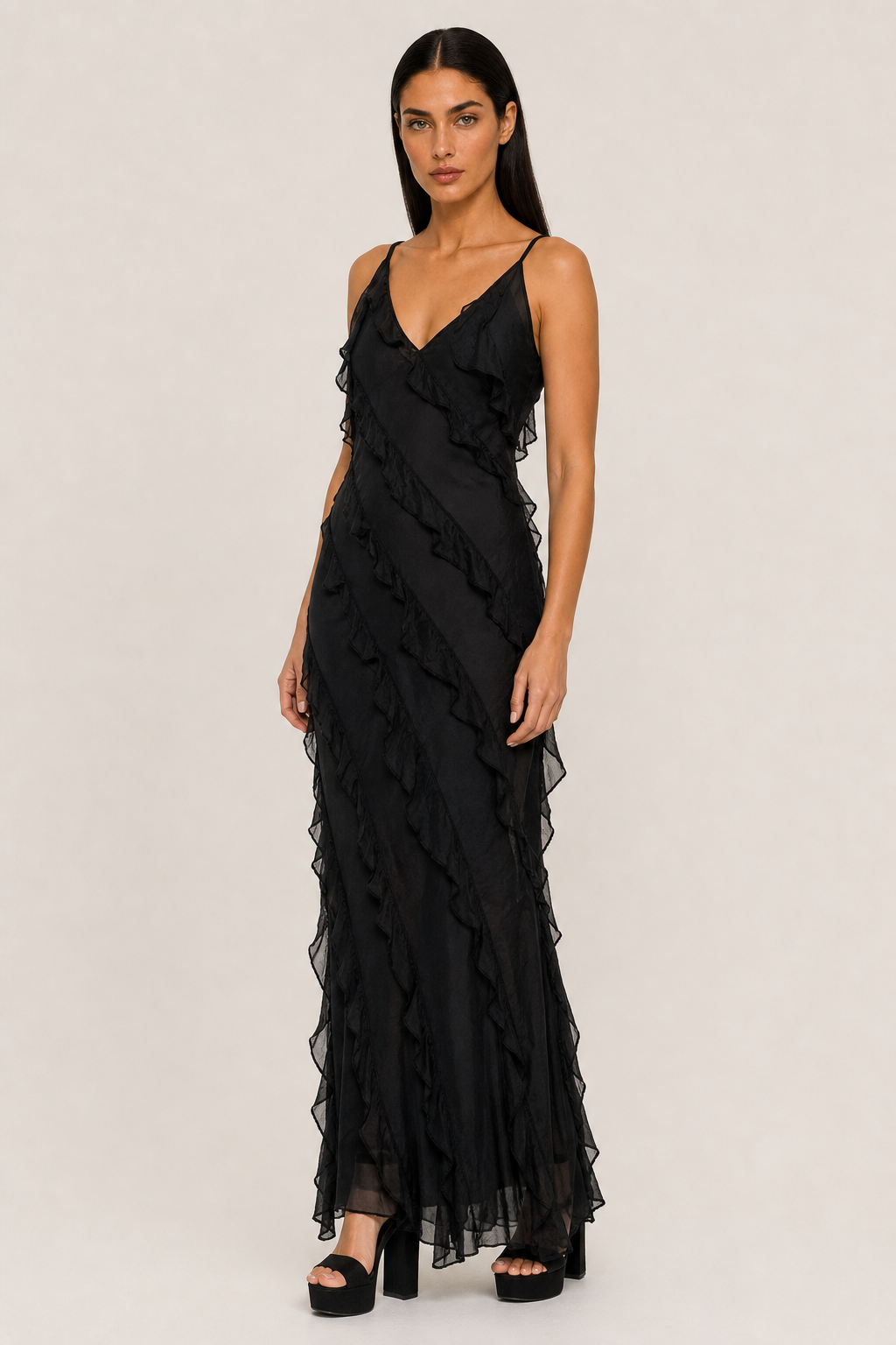 European and American Amazon Hot-Selling Chiffon Vacation Long Dress, Sexy Spaghetti Strap Backless Slit Ruffle Gown Women's Dress — studio_three_quarter — Helena [43f98e36-066e-41d7-ac8d-a01d0d5c49c6]
