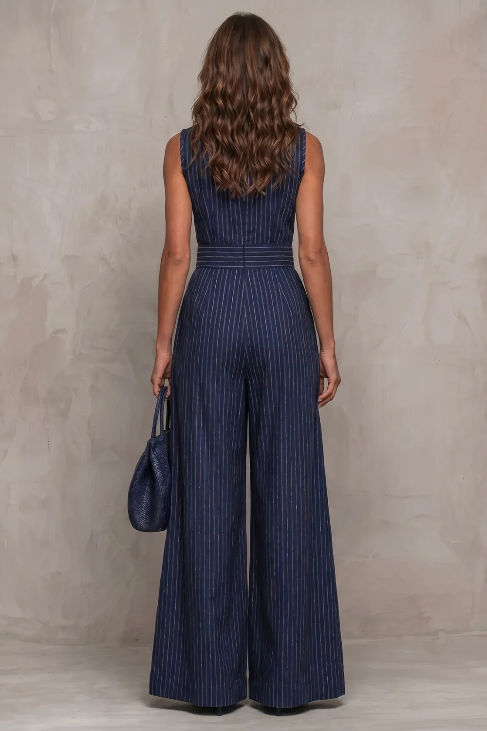 Seravelle – Macacão pantalona elegante com detalhe vazado listrado