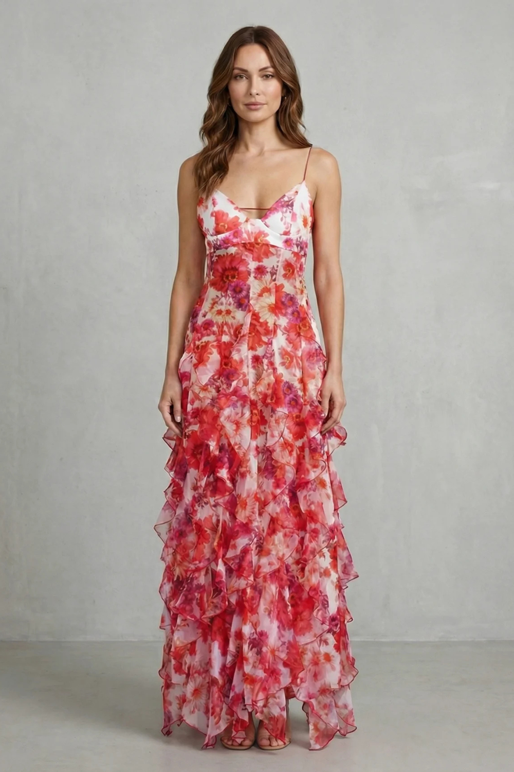 Fiorella – Flores em aquarela – Vestido longo de chiffon com babados
