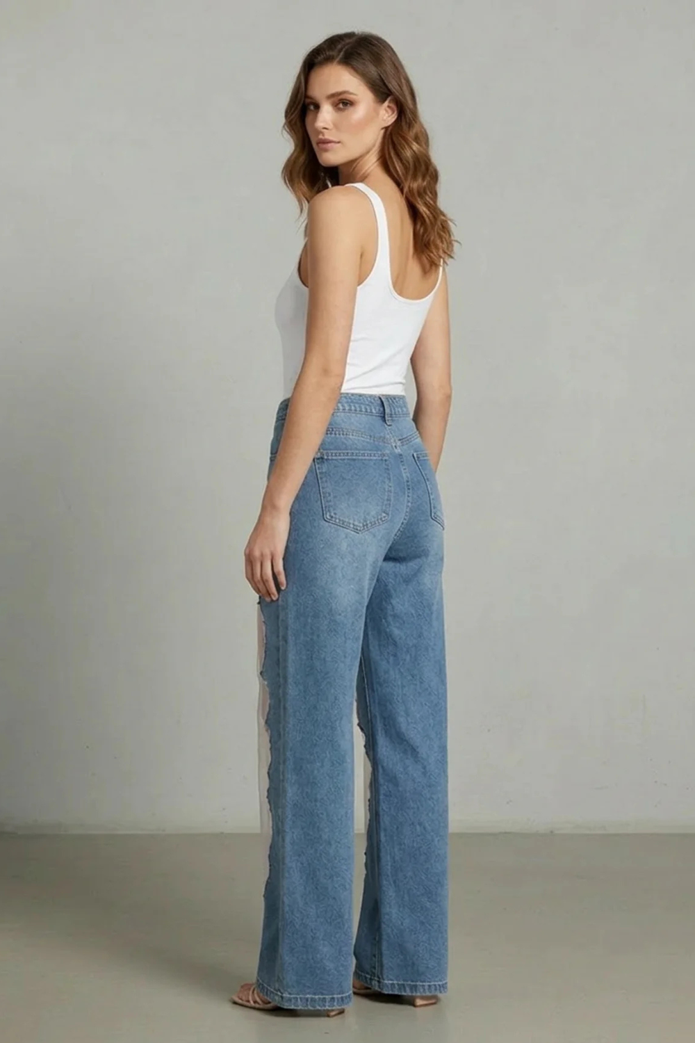 Lunetta – Patchwork de tule vintage – Calça jeans pantalona
