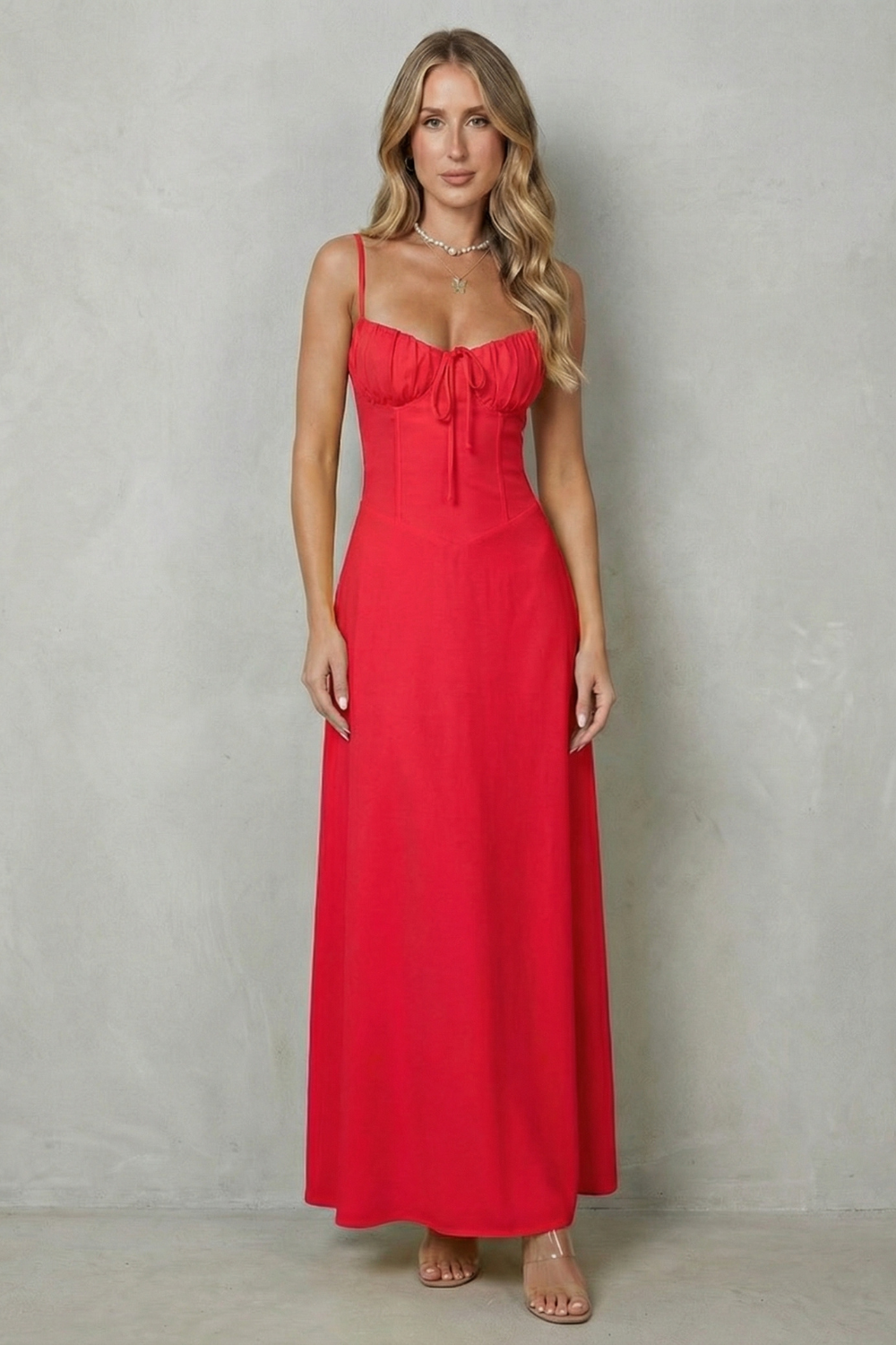 Selena – Charme de espartilho suave – Vestido longo fluido sem mangas