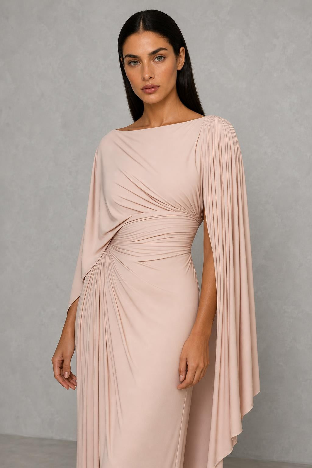 Vestido Longo Drapeado com Mangas Capa - Ornella — studio_closeup — Helena [f490415e-169e-47f5-8331-6c4f362f8a06]