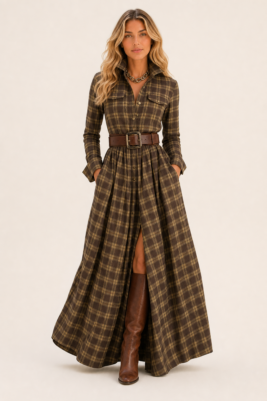 Faye Plaid Shirt Maxi Dress — studio_front — Sofia [fd8bc7e0-a268-4286-b6b5-f65f516968a5]