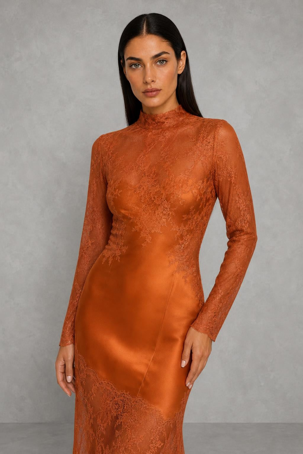 Vestido Maxi Elegante Feminino com Gola Alta, Renda e Cetim, Manga Longa, Costas Vazadas e Bainha Sereia para Convidada de Casamento e Festa — studio_closeup — Helena [097be21f-af82-4d93-9c6b-73b96ab3318f]