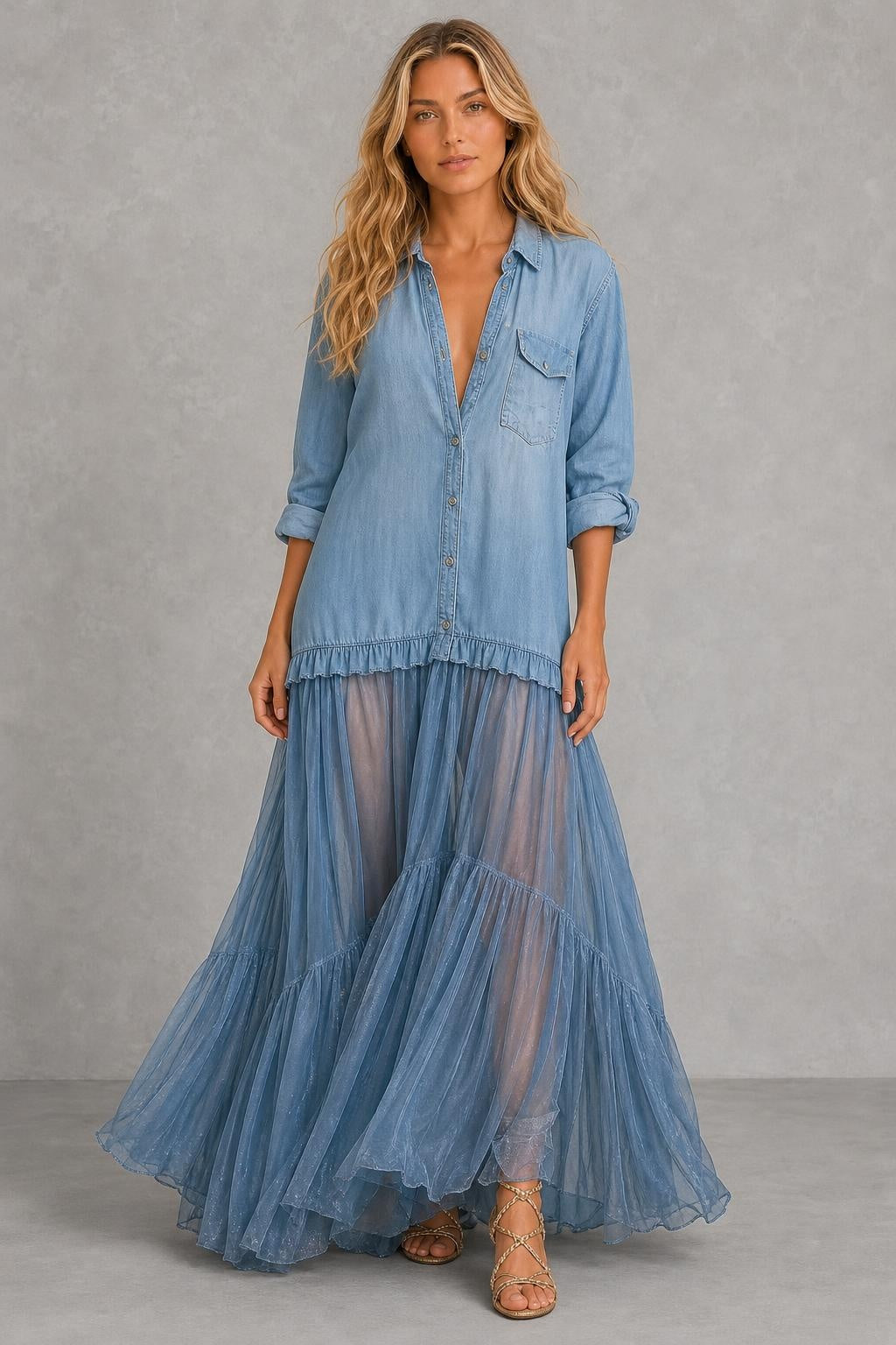 Vestido Longo com Gola Camisa e Saia em Camadas - Marilene — studio_front — Sofia [841c7a49-4cc0-441b-aa61-91a14b164913]