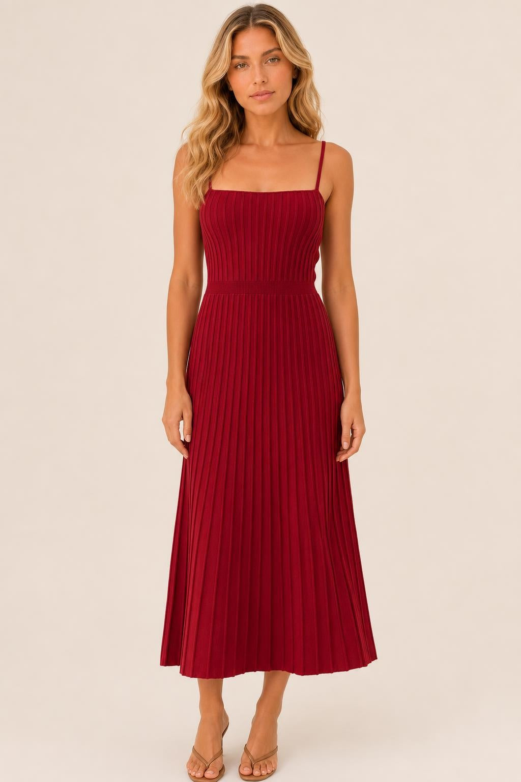 Vestido Midi Tricô Canelado Alça Fina - Fabíola — studio_front — Sofia [3ef871a0-49d5-4449-886c-191a9ec069a1]