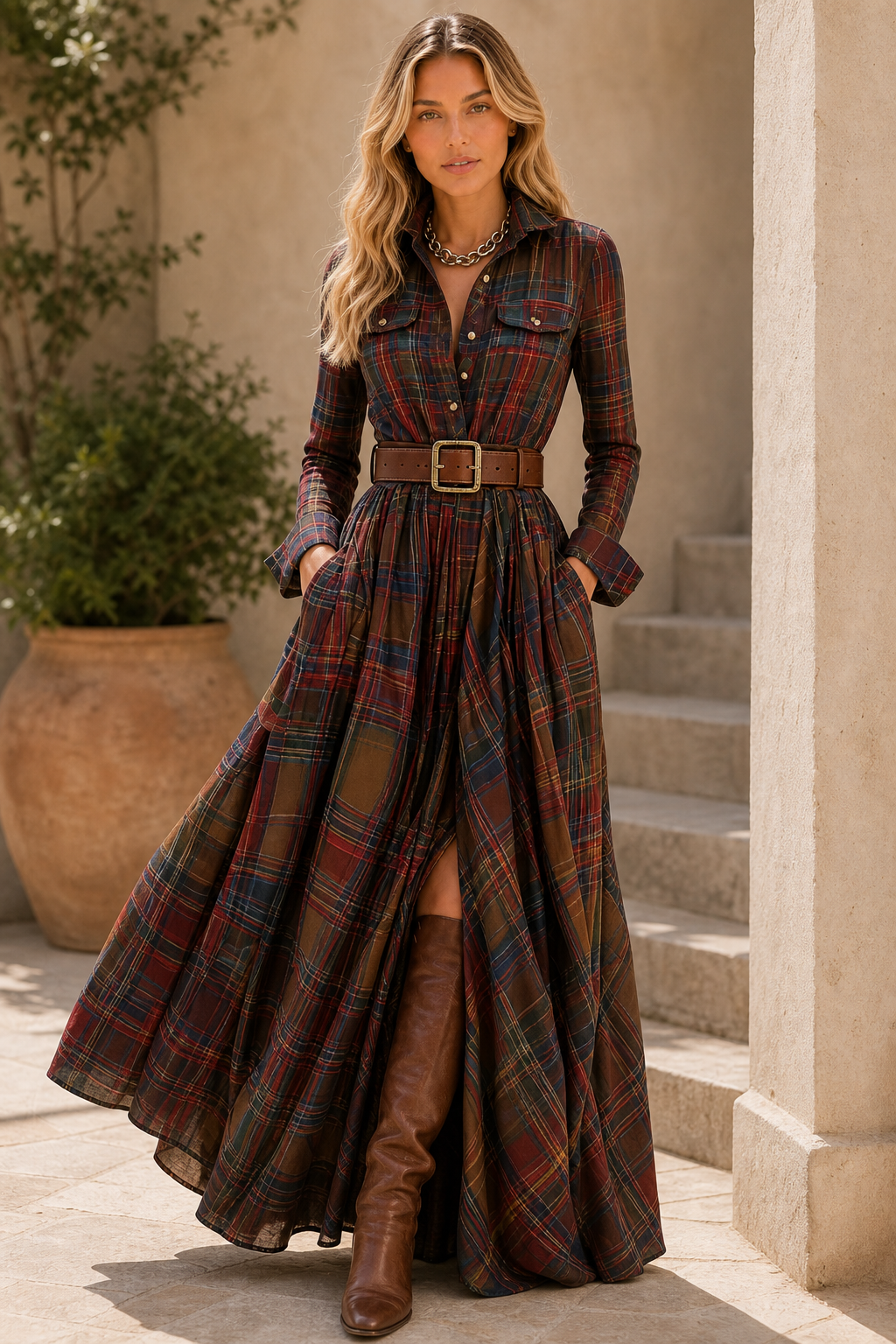Faye Plaid Shirt Maxi Dress — lifestyle — Sofia [e70df20f-b5ae-46f0-a206-c913128ef2e2]