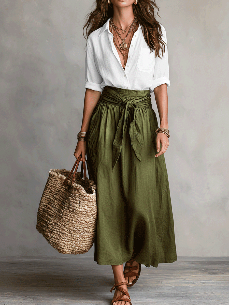 Conjunto Boho Blusa + Saia Midi — Elegância Sem Esforço