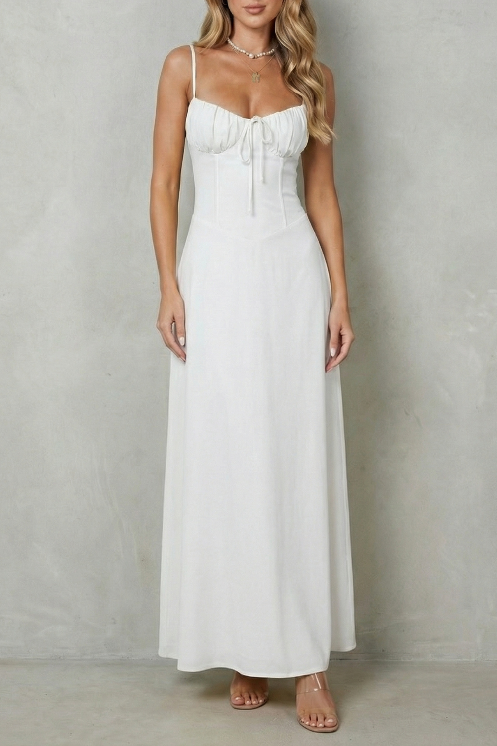 Selena – Charme de espartilho suave – Vestido longo fluido sem mangas