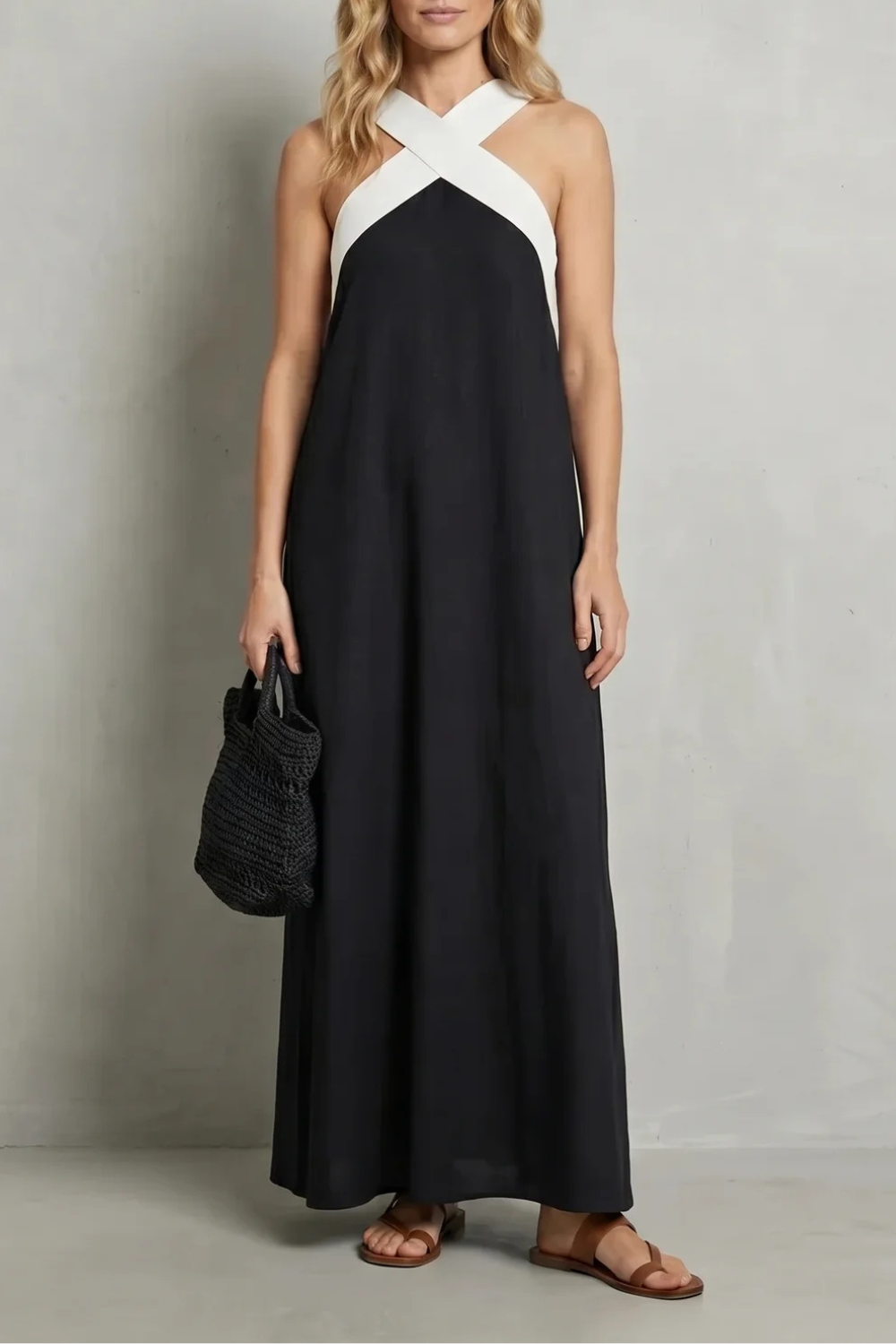 Seravelle – Elegância frente única cruzada – Vestido longo