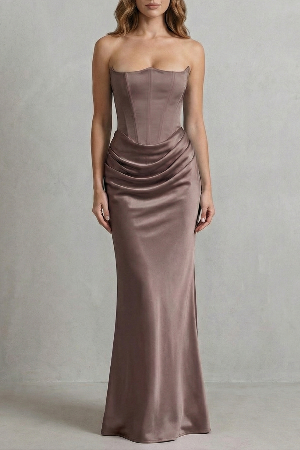 Evelisse – Drapeado de cetim esculpido – Vestido longo tomara que caia com corset