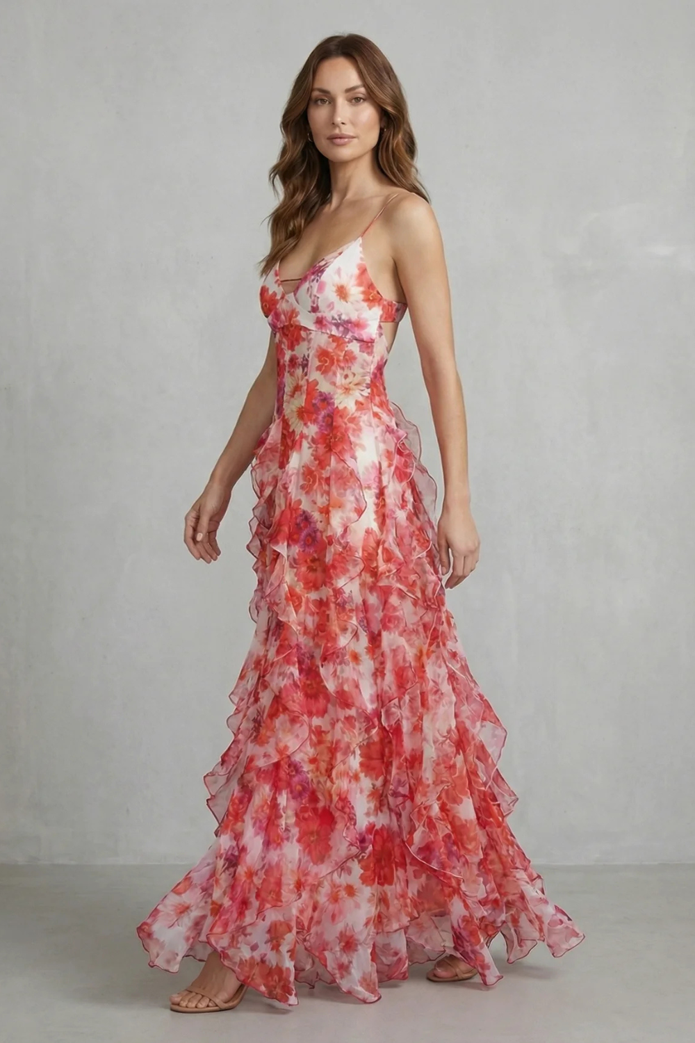 Fiorella – Flores em aquarela – Vestido longo de chiffon com babados