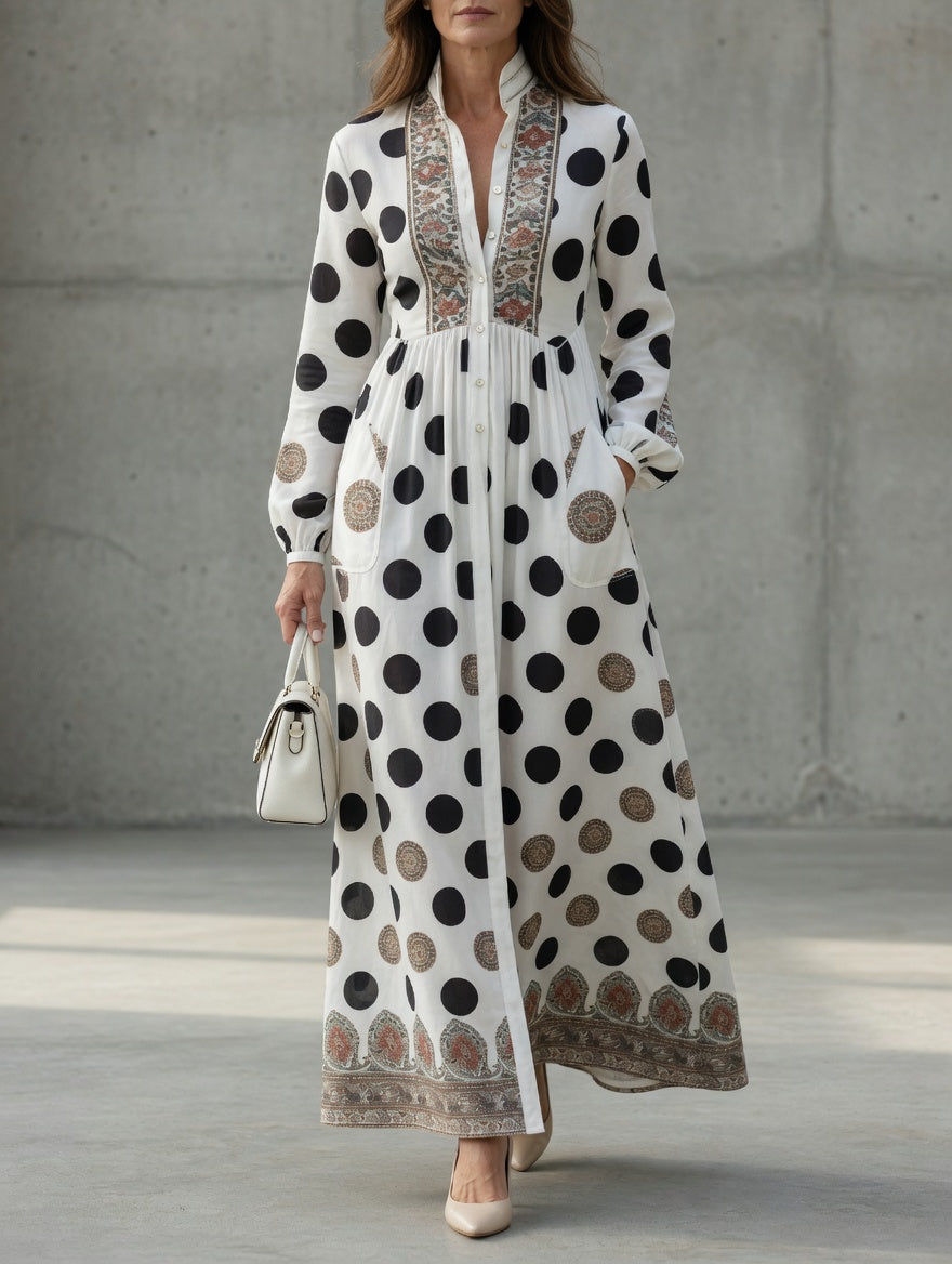 Vestido Luna Signature™ — Maxi Poá Branco e Preto com Botões