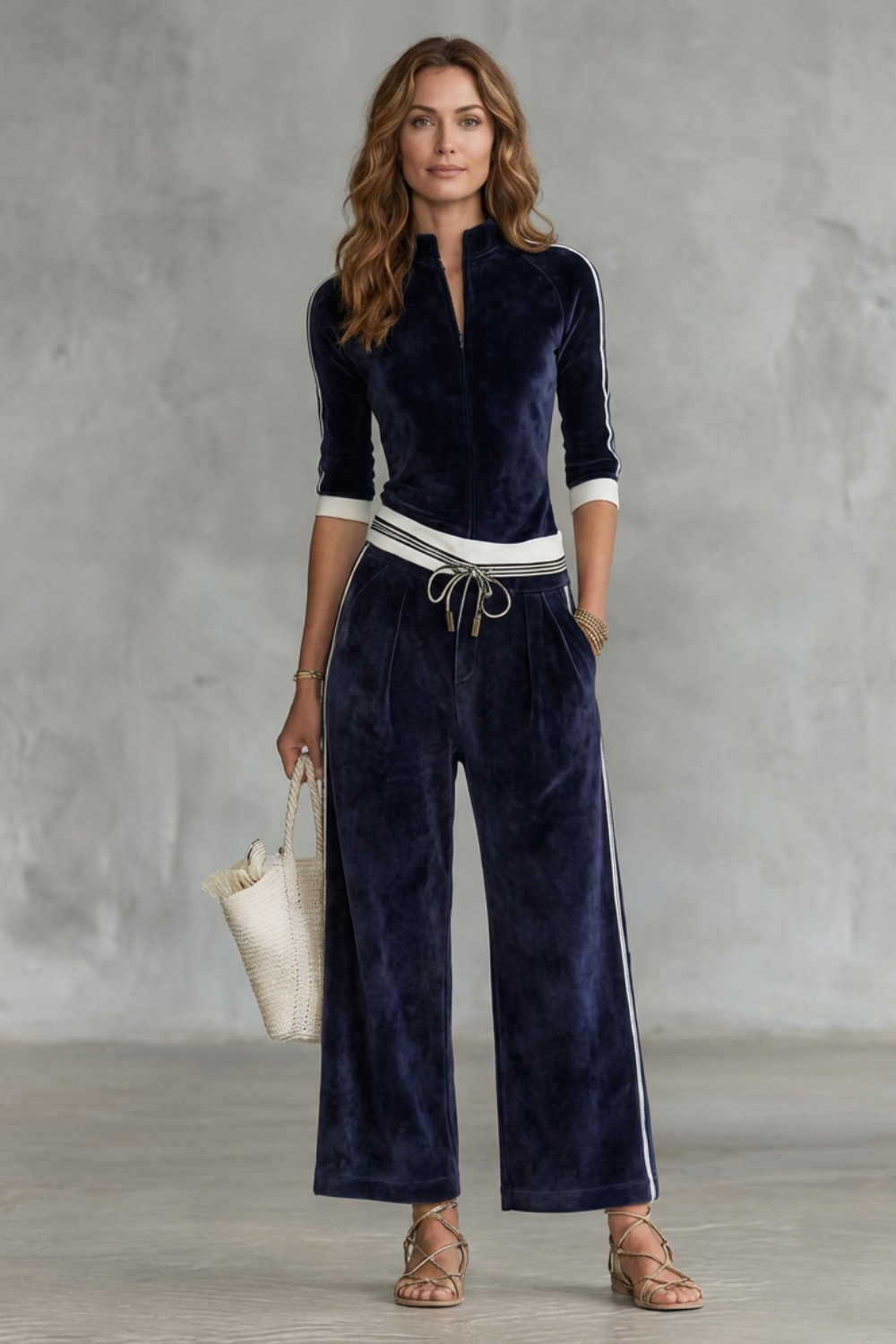 Alix Set – Conjunto de velour luxuoso com top com zíper & calça pantalona