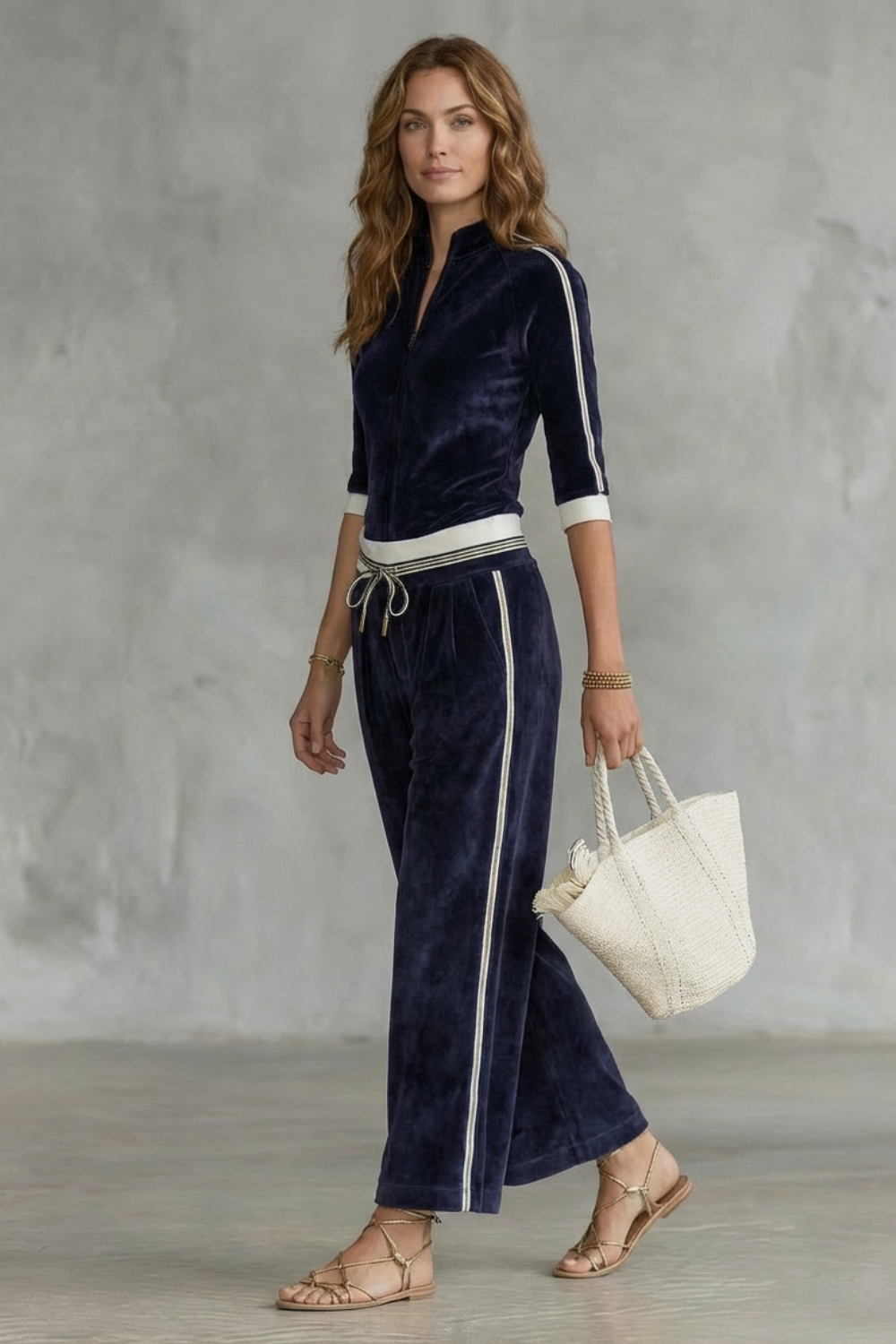 Alix Set – Conjunto de velour luxuoso com top com zíper & calça pantalona
