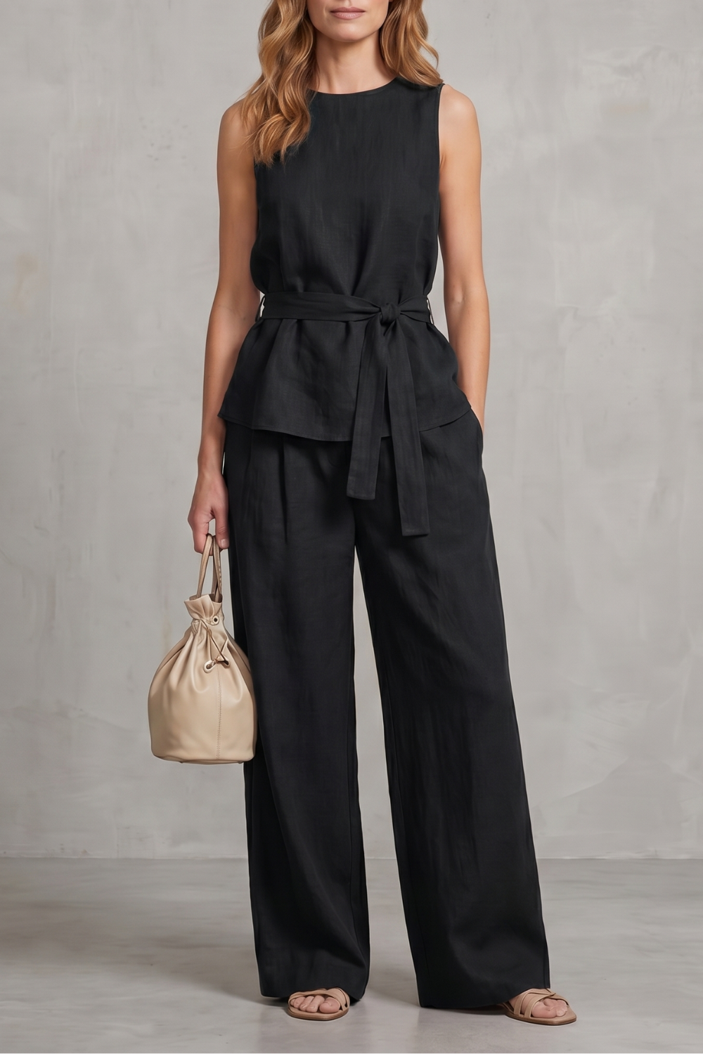 Alvera – Elegante silhueta com amarração na cintura – Conjunto de duas peças com calça