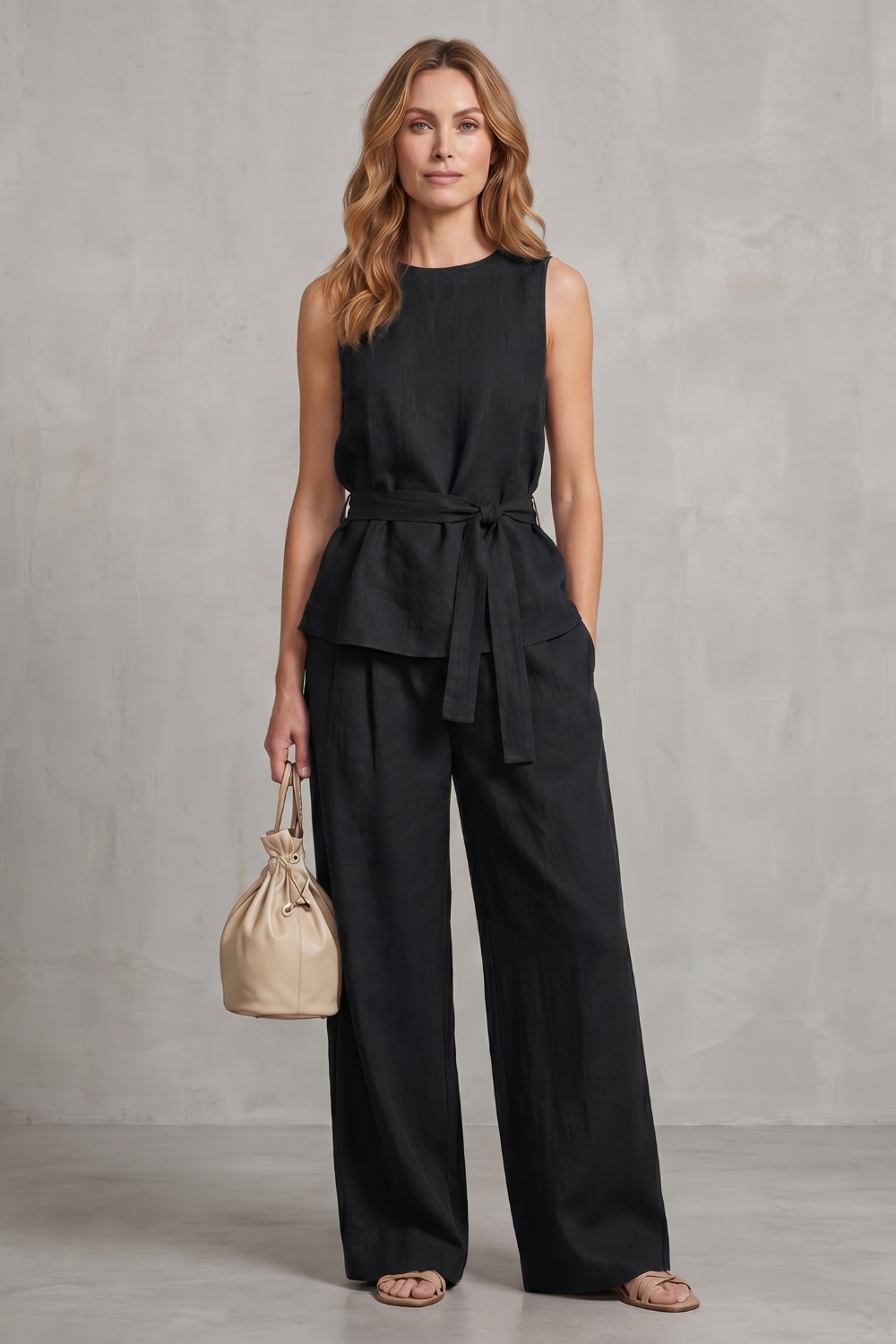 Alvera – Elegante silhueta com amarração na cintura – Conjunto de duas peças com calça