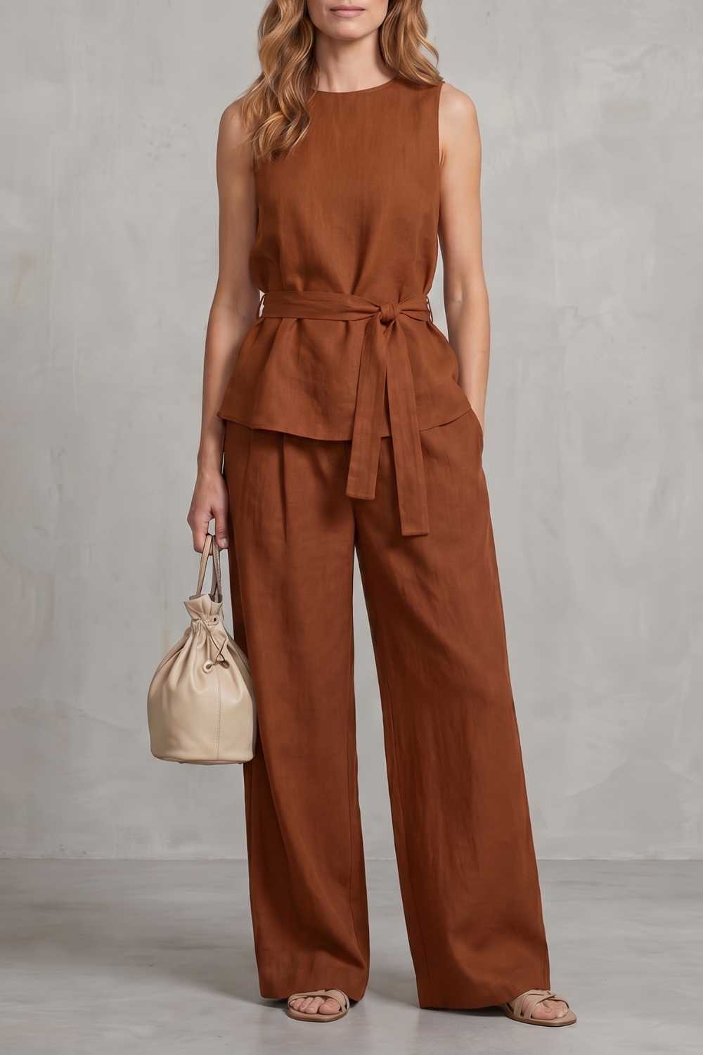 Alvera – Elegante silhueta com amarração na cintura – Conjunto de duas peças com calça