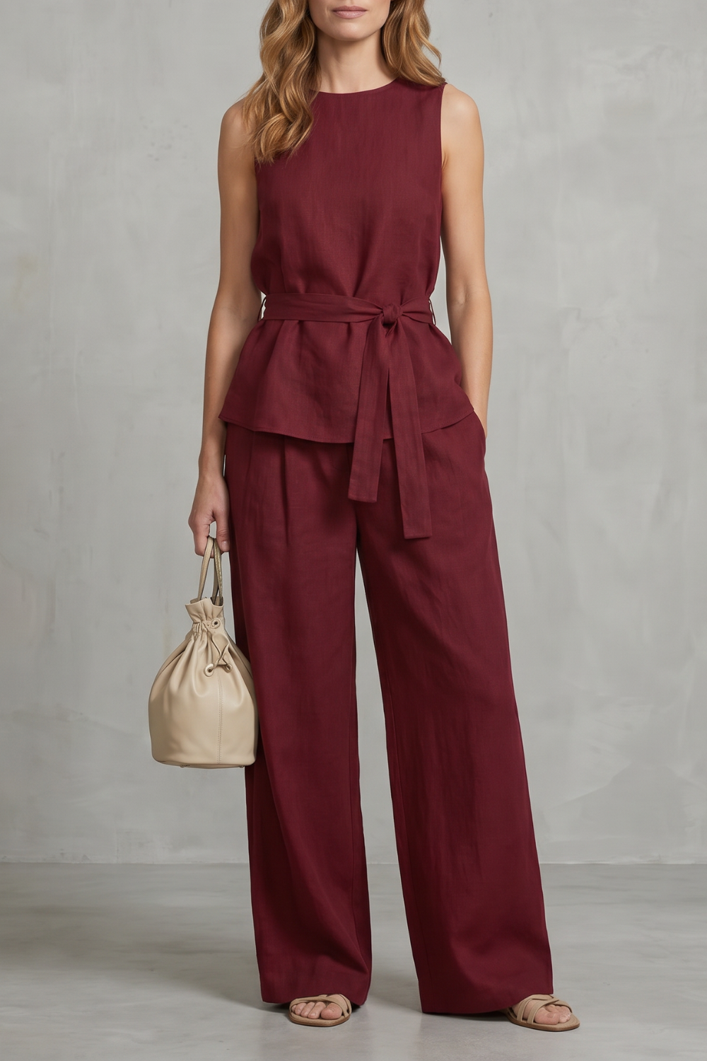 Alvera – Elegante silhueta com amarração na cintura – Conjunto de duas peças com calça