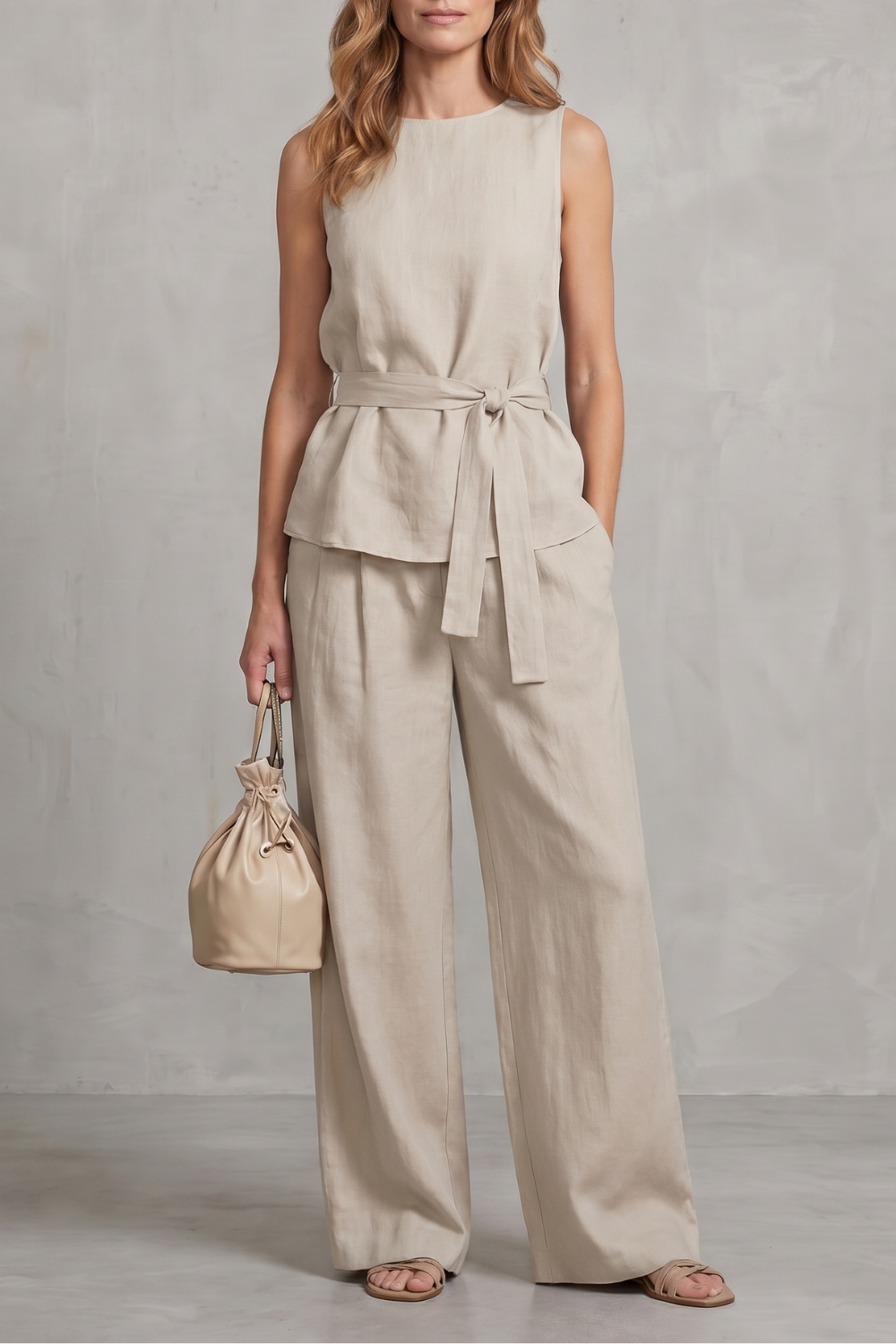 Alvera – Elegante silhueta com amarração na cintura – Conjunto de duas peças com calça