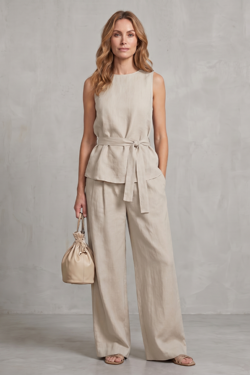 Alvera – Elegante silhueta com amarração na cintura – Conjunto de duas peças com calça