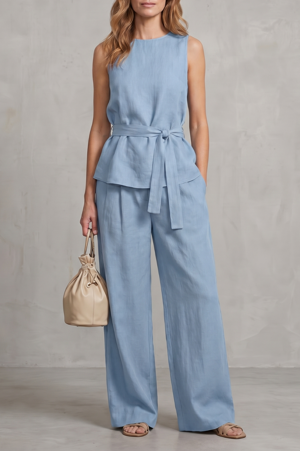 Alvera – Elegante silhueta com amarração na cintura – Conjunto de duas peças com calça