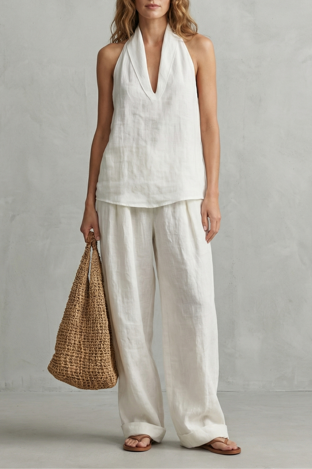 Alvéra – Charme linho relaxado – Conjunto top e calça