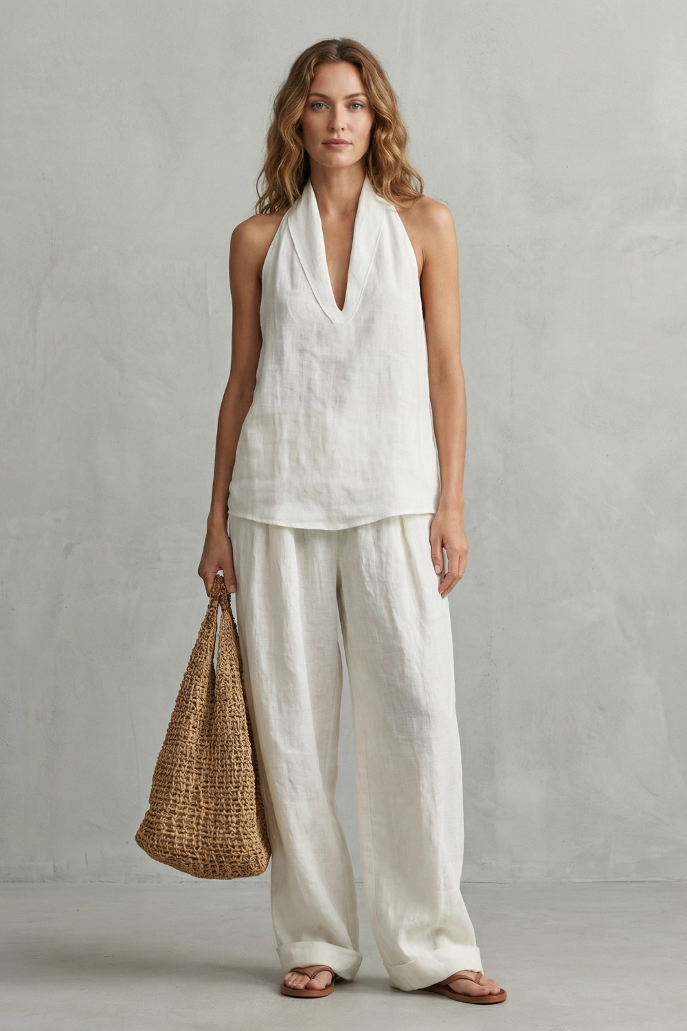 Alvéra – Charme linho relaxado – Conjunto top e calça