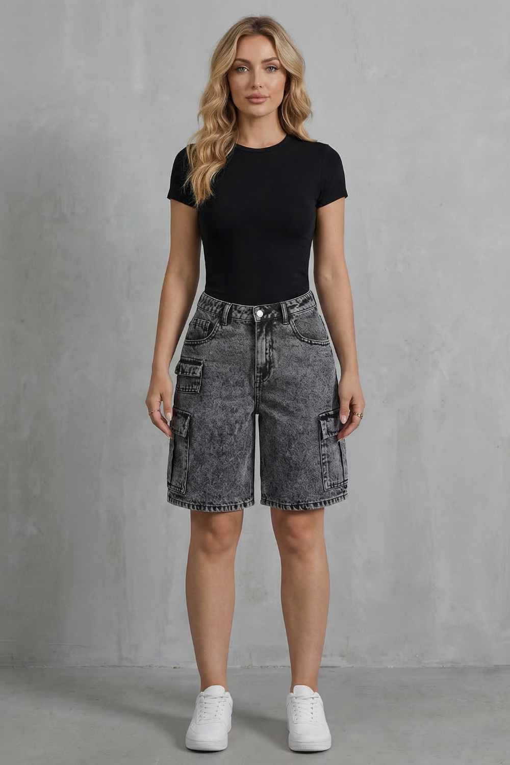 Ardenza – Estilo utilitário lavado – Bermuda cargo jeans