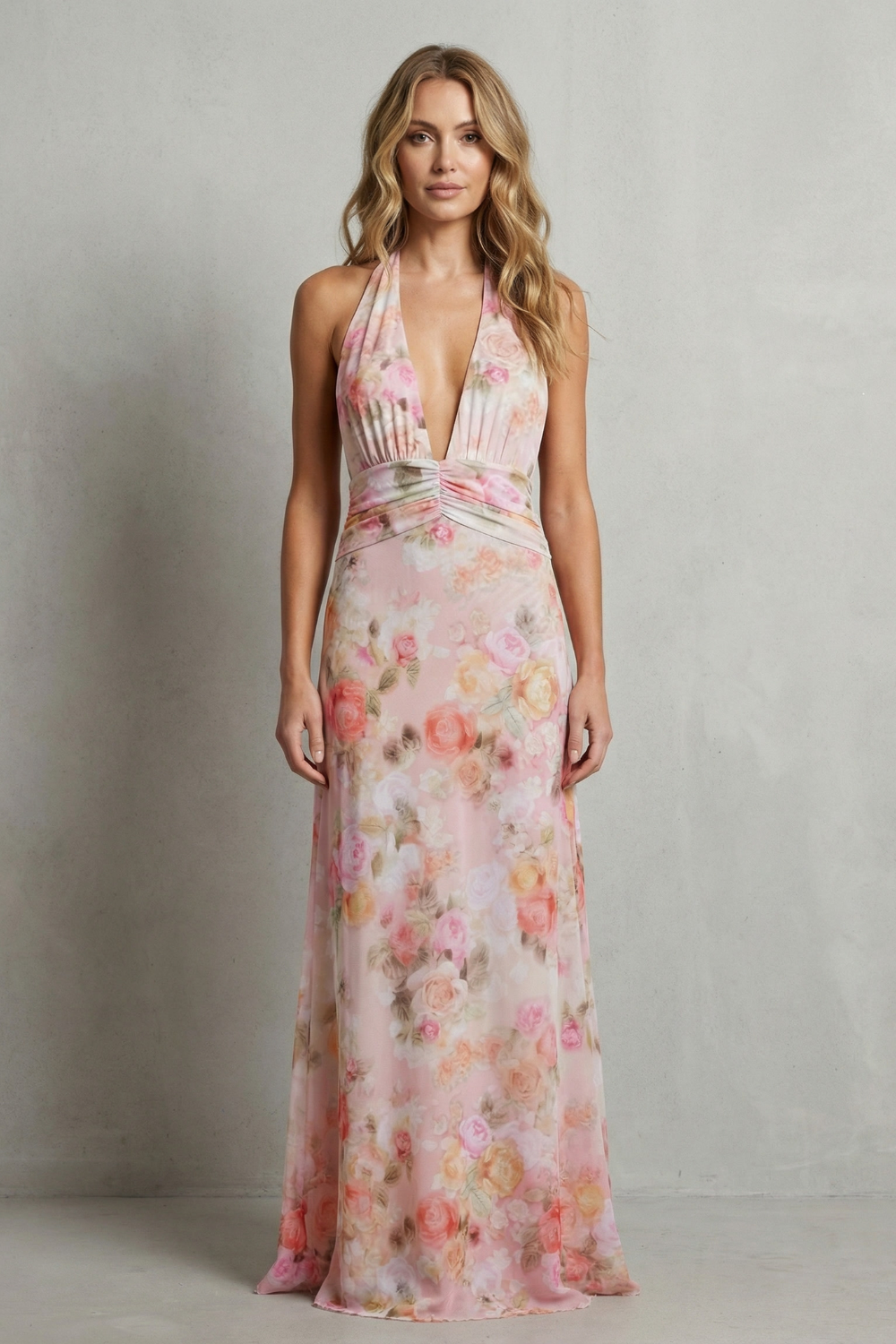 Ariadelle – Elegância floral com decote V profundo – Vestido longo