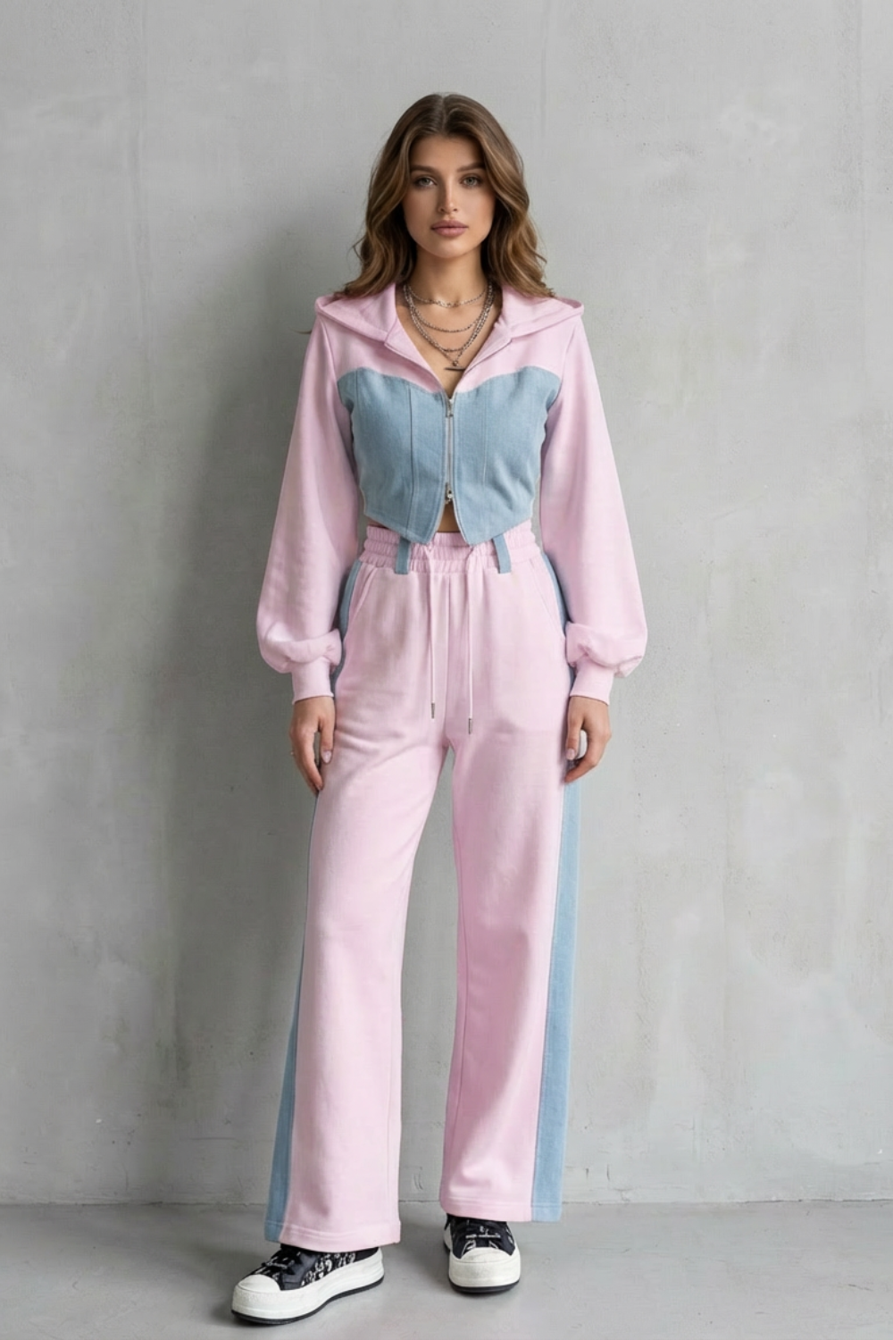 Arlo – Denim Splice – Conjunto Dois em Um de Moletom com Capuz e Calça