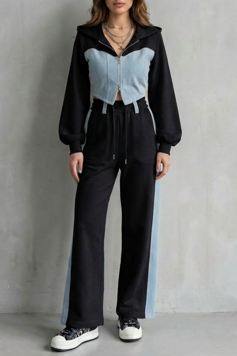 Arlo – Denim Splice – Conjunto Dois em Um de Moletom com Capuz e Calça
