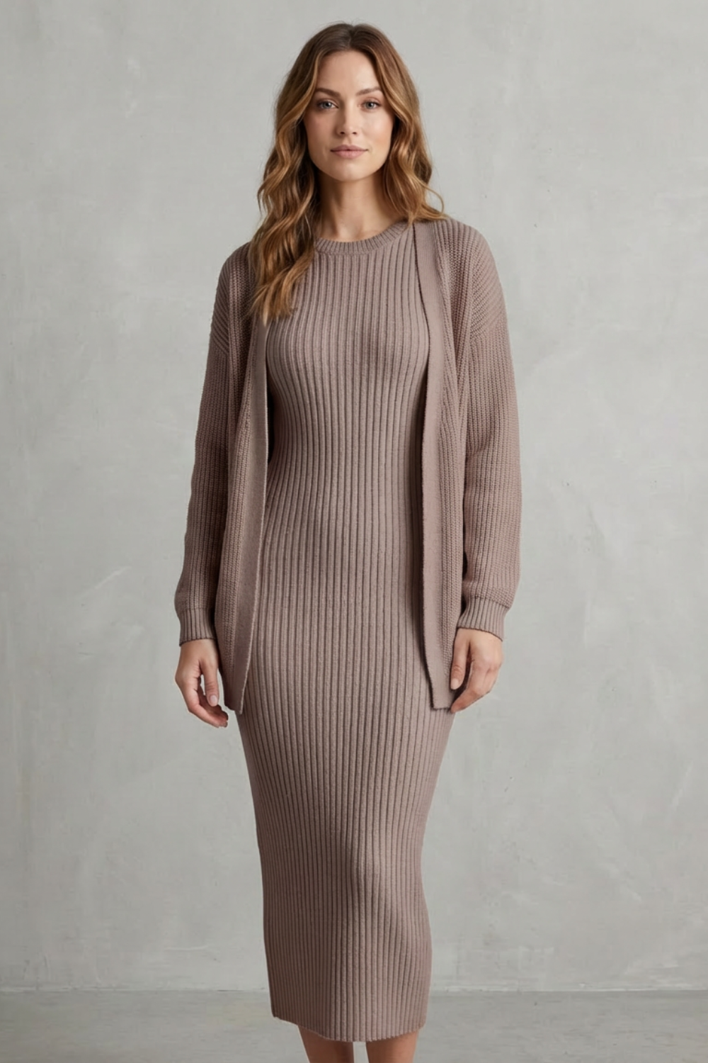 Aurelia – Conjunto Vestido Midi de Tricô Canelado – Conjunto de 2 Peças Justo com Cardigã