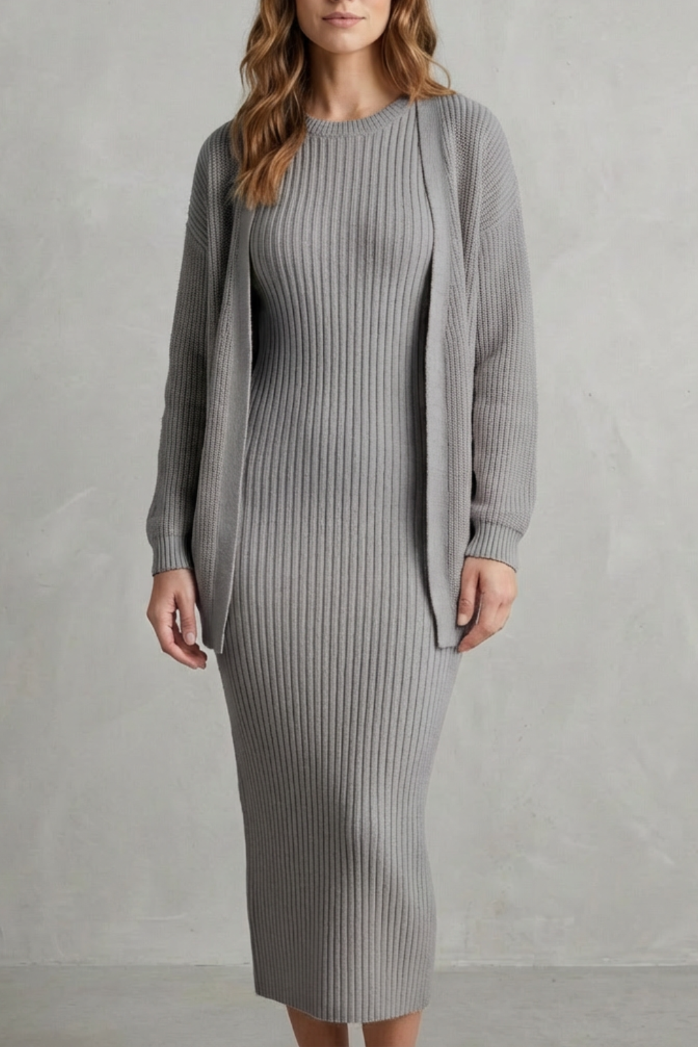 Aurelia – Conjunto Vestido Midi de Tricô Canelado – Conjunto de 2 Peças Justo com Cardigã