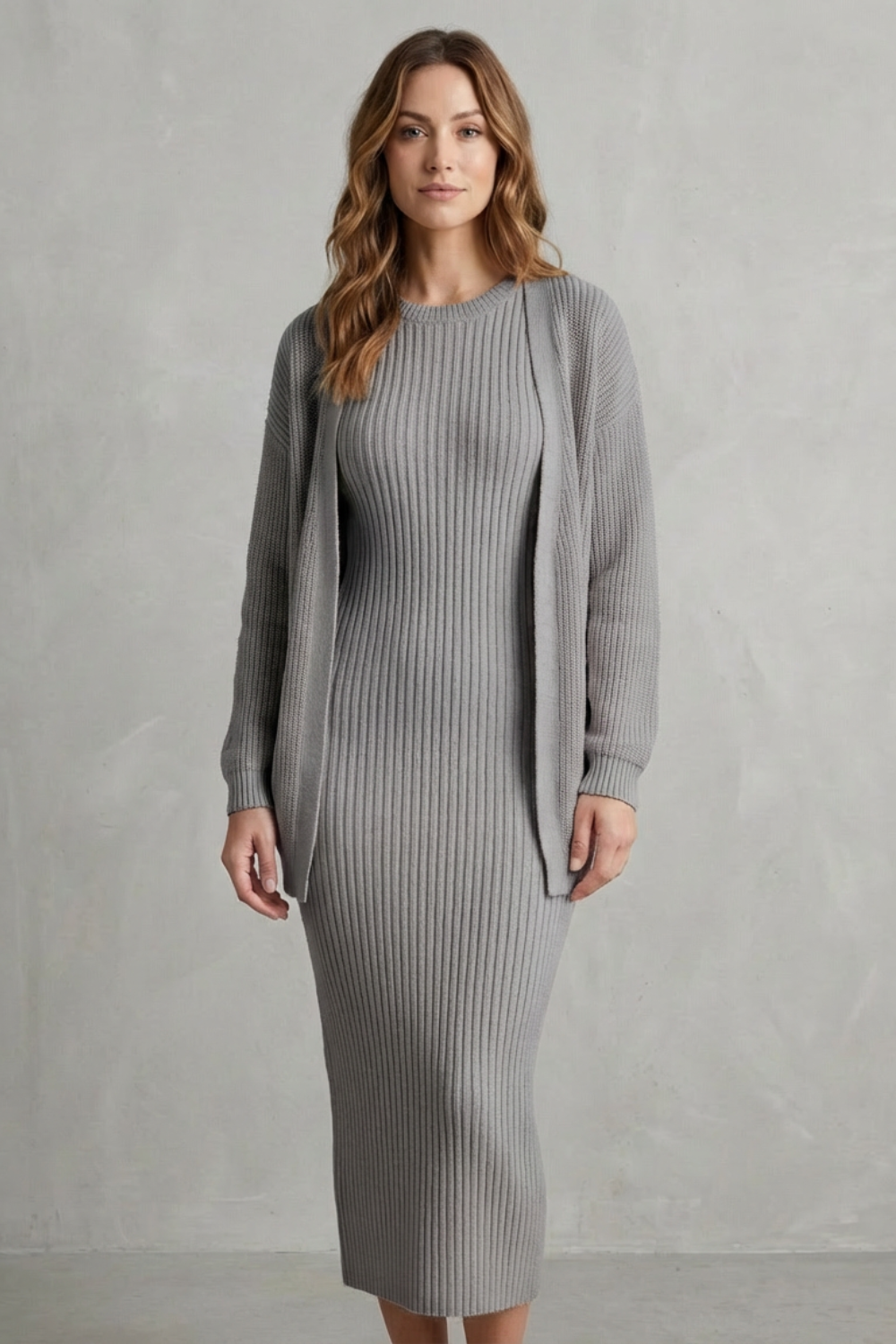 Aurelia – Conjunto Vestido Midi de Tricô Canelado – Conjunto de 2 Peças Justo com Cardigã