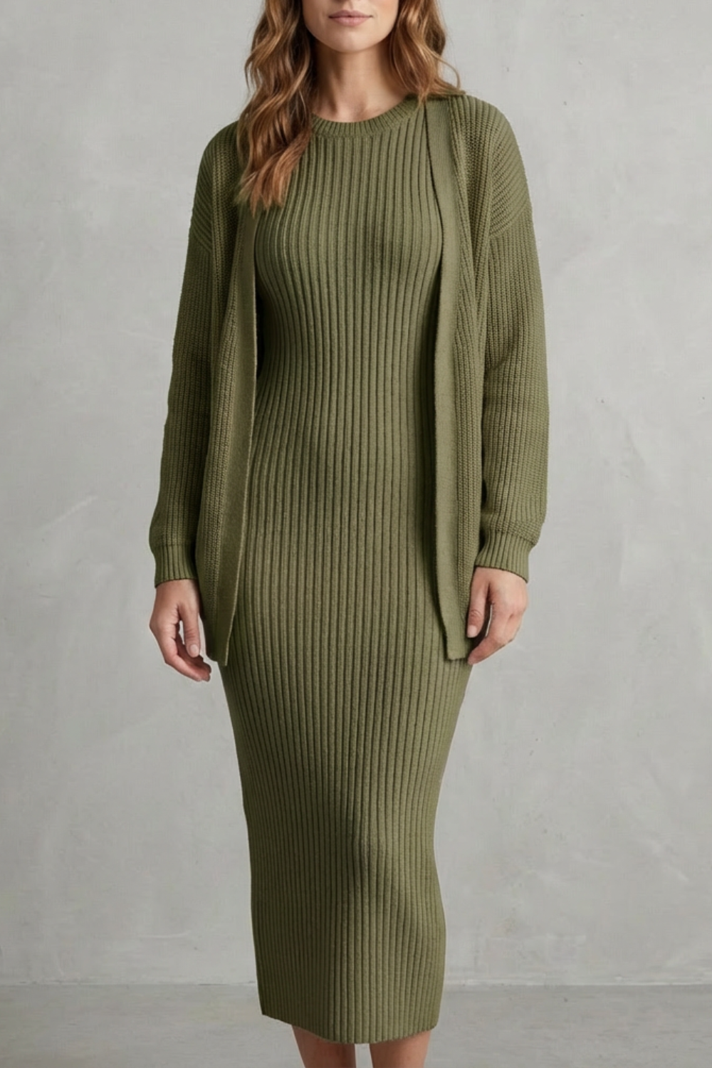 Aurelia – Conjunto Vestido Midi de Tricô Canelado – Conjunto de 2 Peças Justo com Cardigã