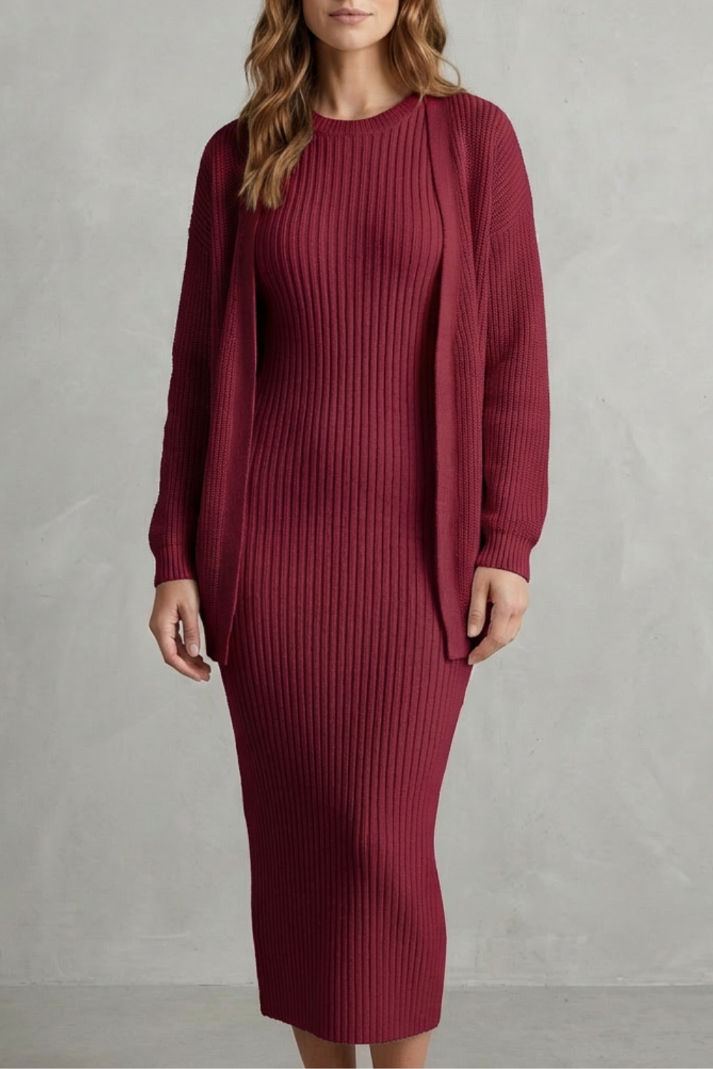 Aurelia – Conjunto Vestido Midi de Tricô Canelado – Conjunto de 2 Peças Justo com Cardigã