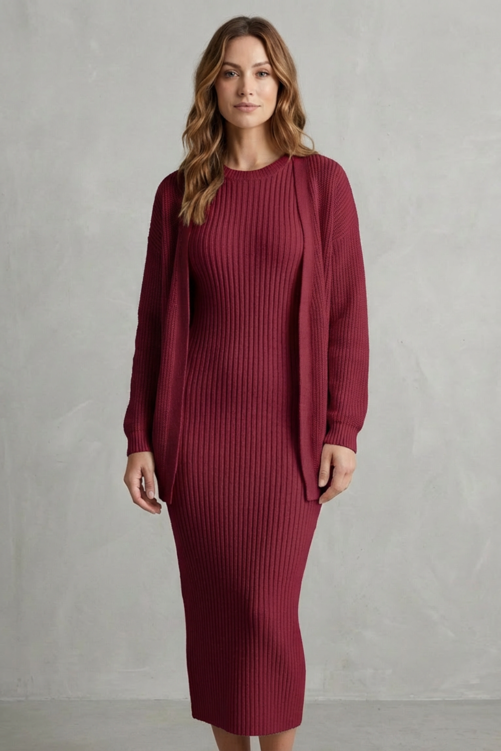 Aurelia – Conjunto Vestido Midi de Tricô Canelado – Conjunto de 2 Peças Justo com Cardigã