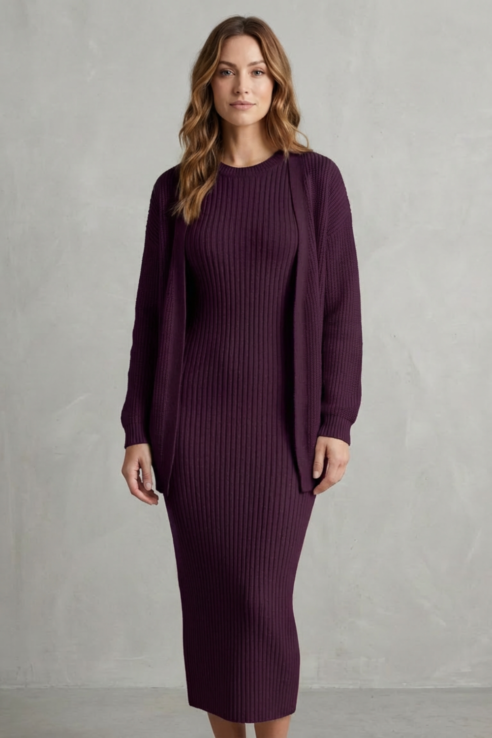 Aurelia – Conjunto Vestido Midi de Tricô Canelado – Conjunto de 2 Peças Justo com Cardigã