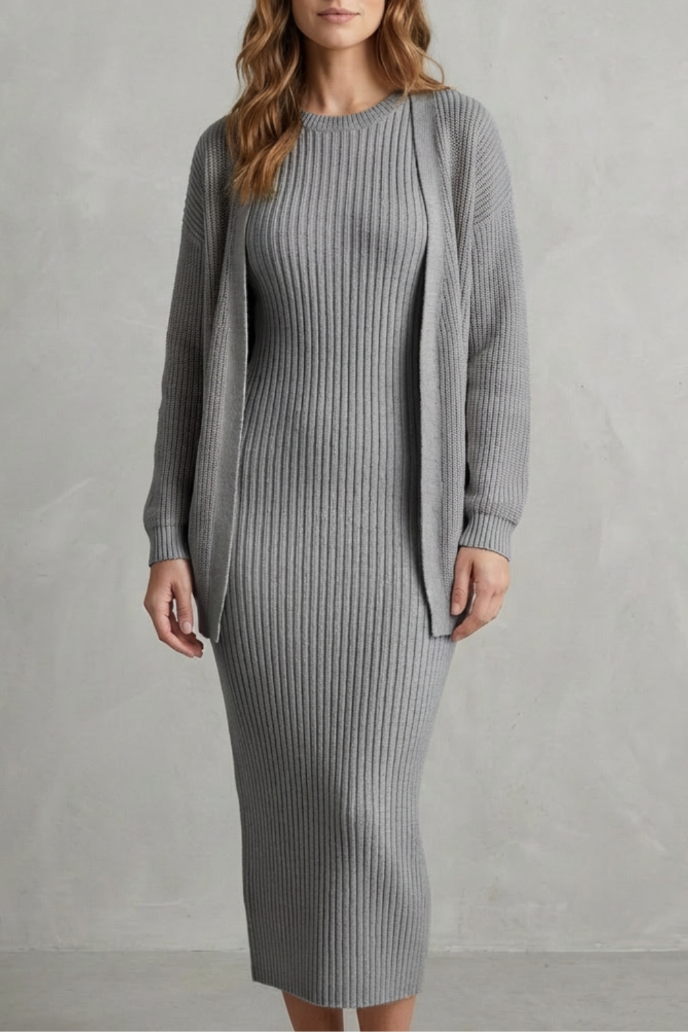 Aurelia – Conjunto Vestido Midi de Tricô Canelado – Conjunto de 2 Peças Justo com Cardigã