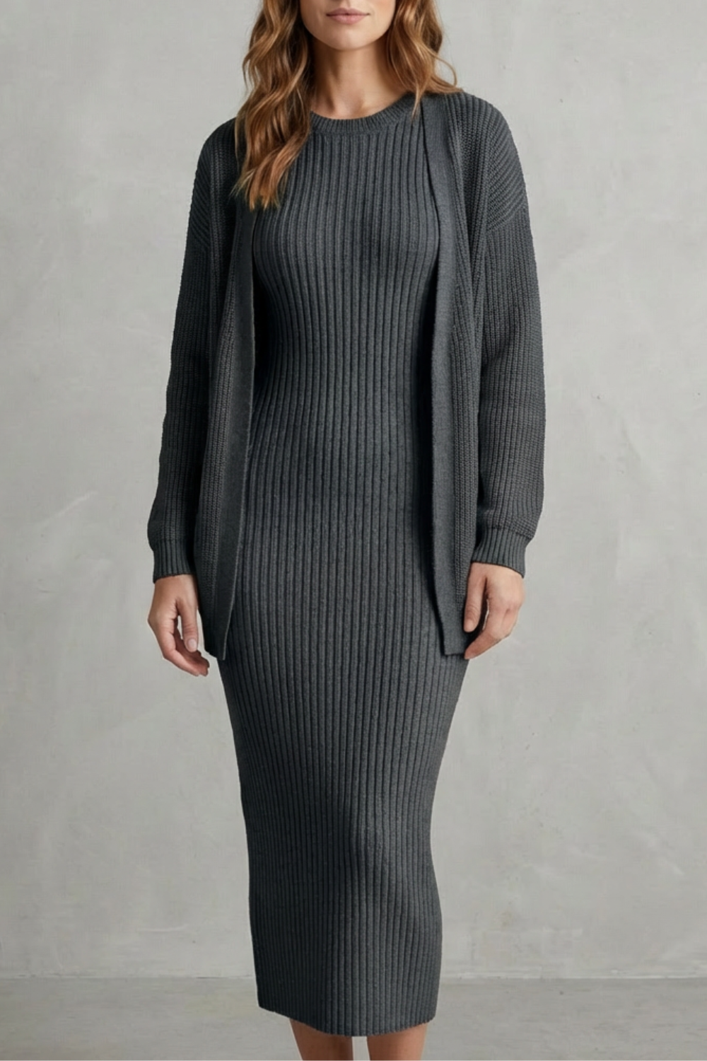 Aurelia – Conjunto Vestido Midi de Tricô Canelado – Conjunto de 2 Peças Justo com Cardigã