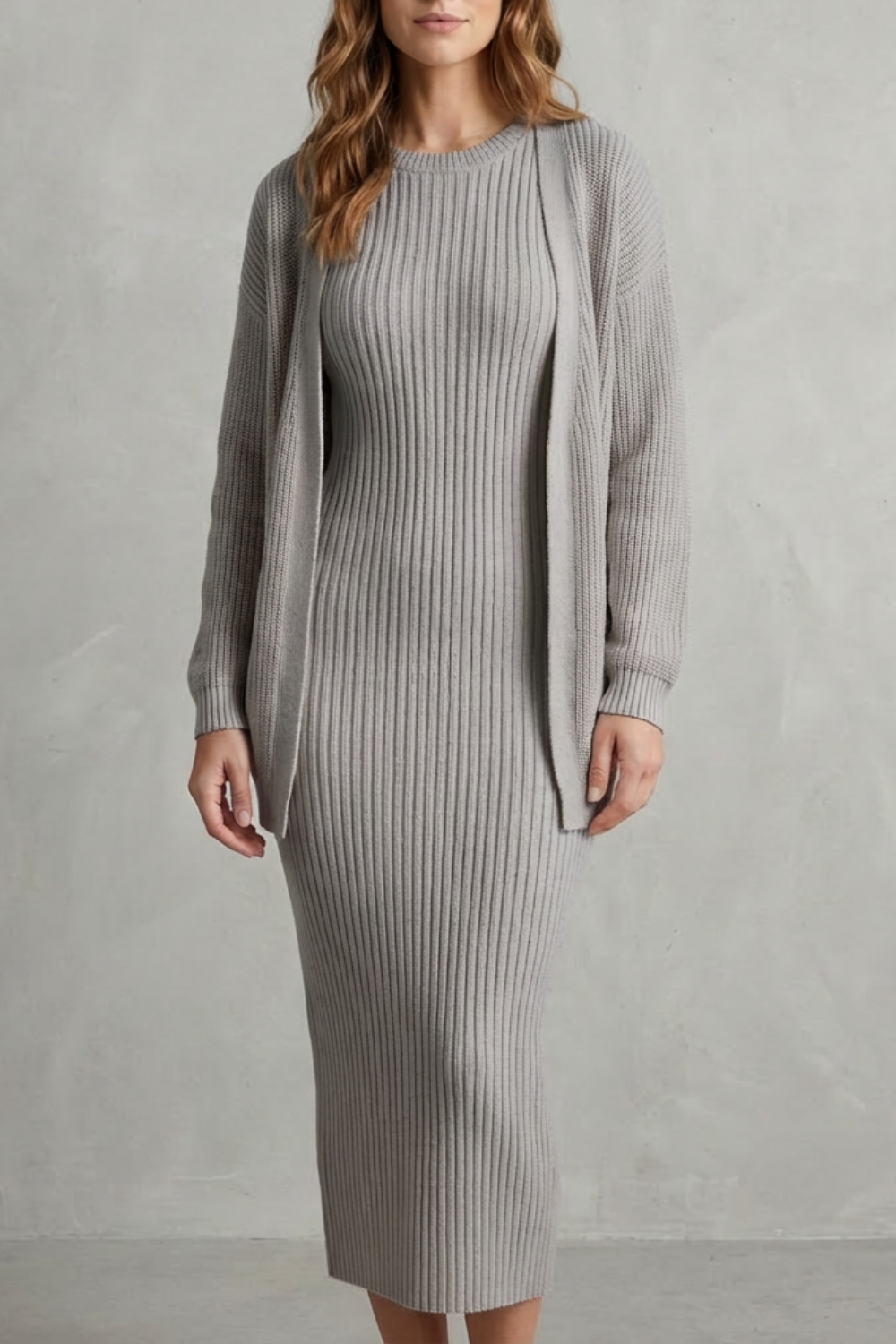 Aurelia – Conjunto Vestido Midi de Tricô Canelado – Conjunto de 2 Peças Justo com Cardigã