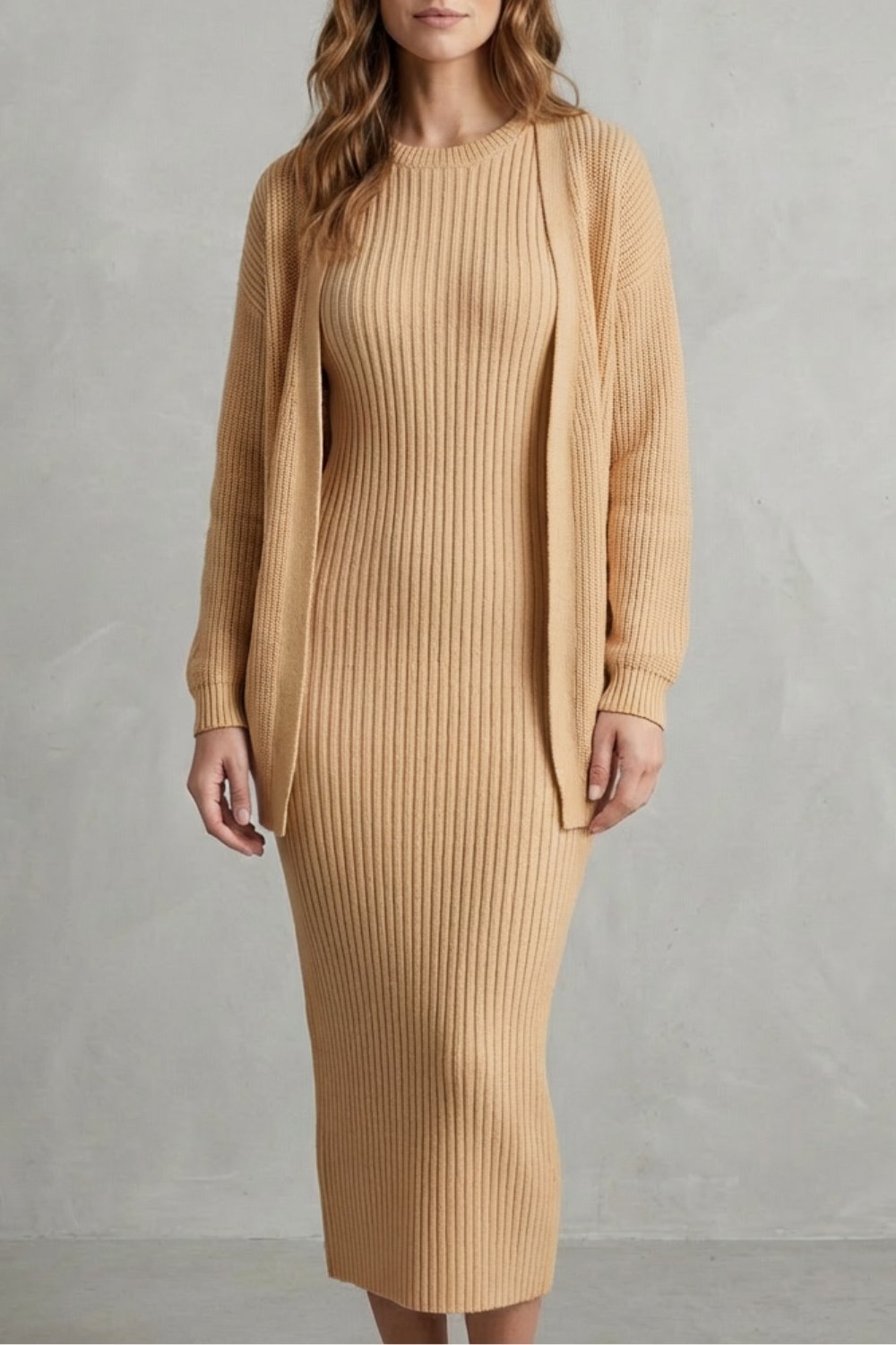 Aurelia – Conjunto Vestido Midi de Tricô Canelado – Conjunto de 2 Peças Justo com Cardigã