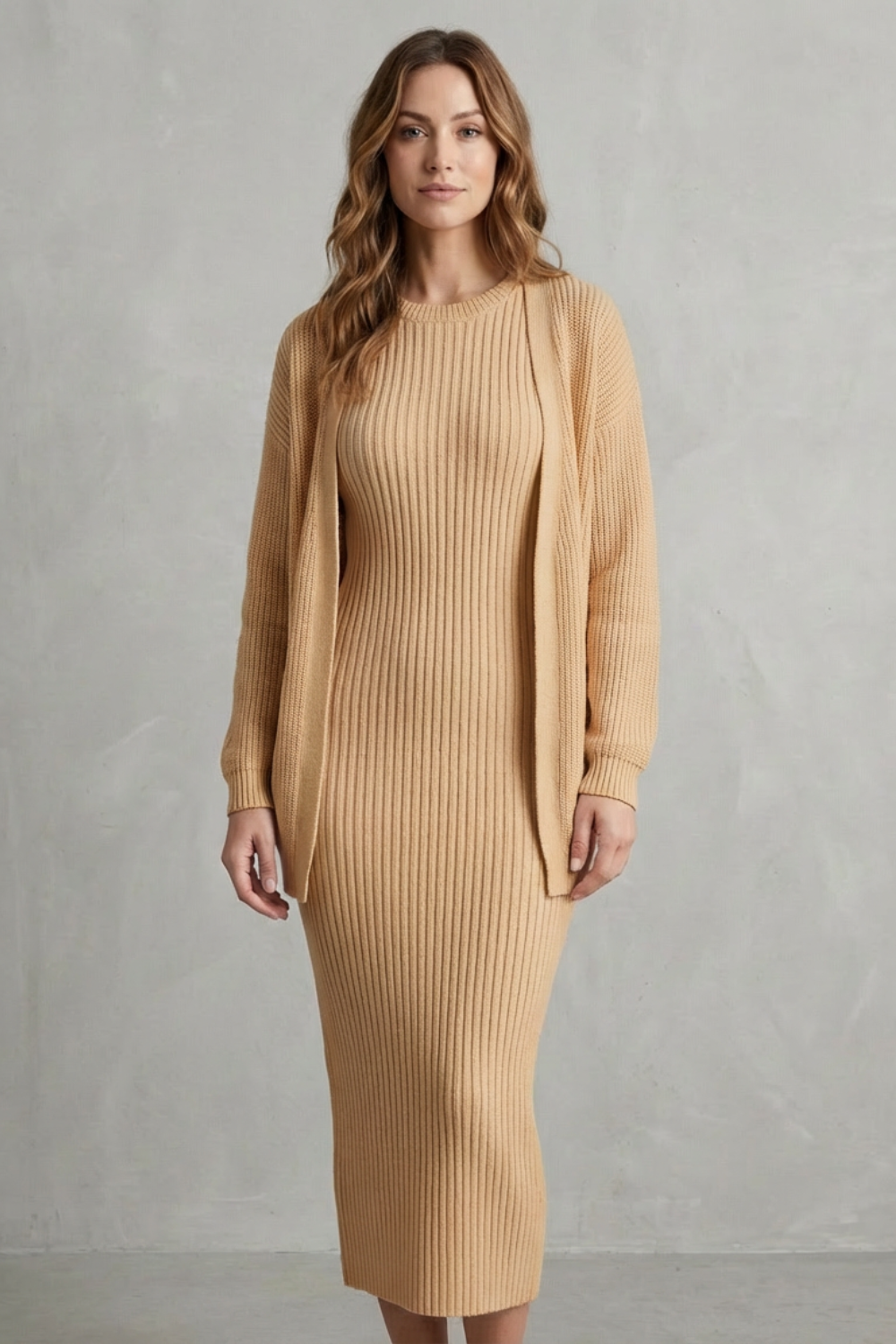 Aurelia – Conjunto Vestido Midi de Tricô Canelado – Conjunto de 2 Peças Justo com Cardigã