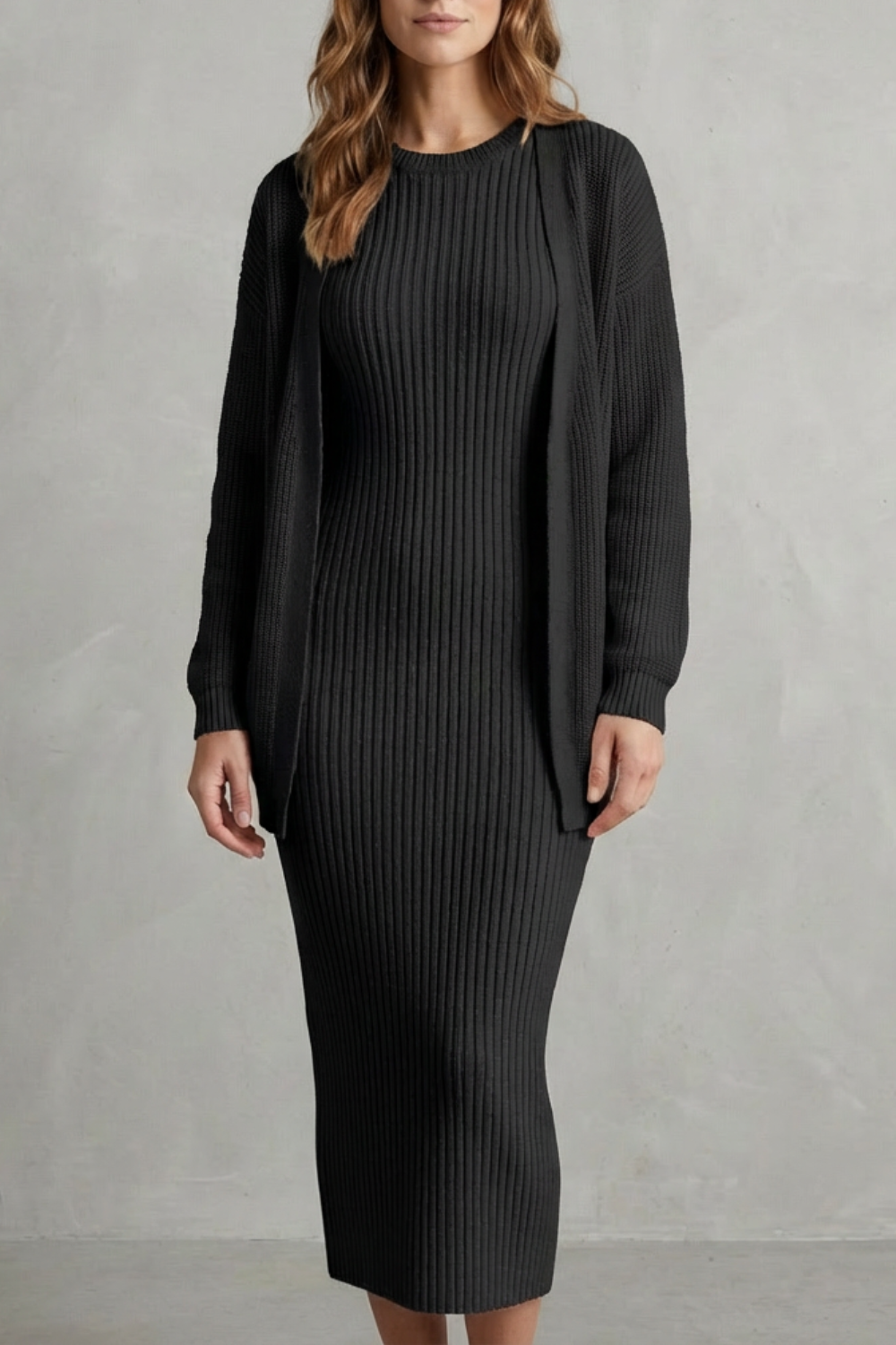 Aurelia – Conjunto Vestido Midi de Tricô Canelado – Conjunto de 2 Peças Justo com Cardigã