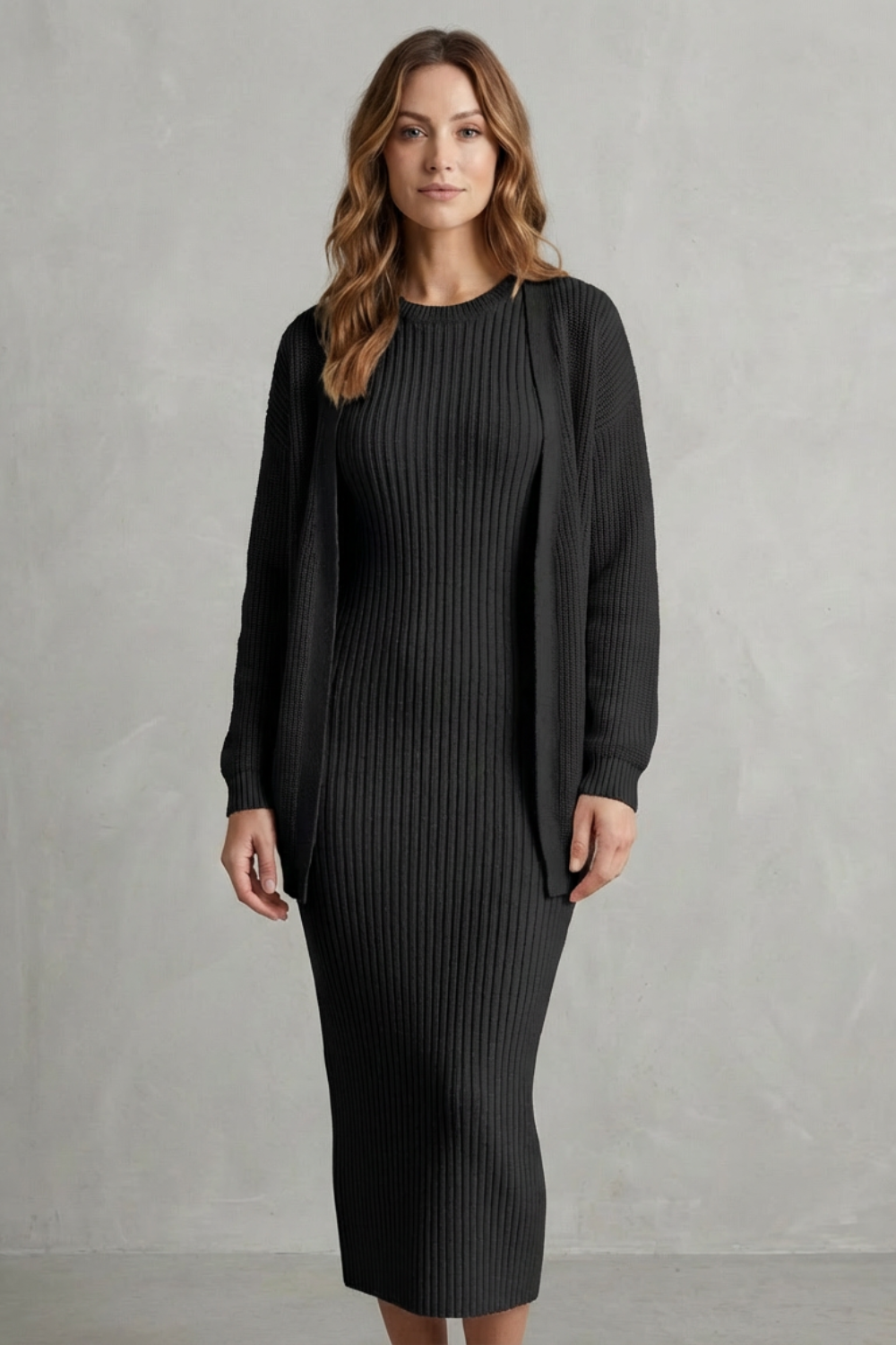Aurelia – Conjunto Vestido Midi de Tricô Canelado – Conjunto de 2 Peças Justo com Cardigã