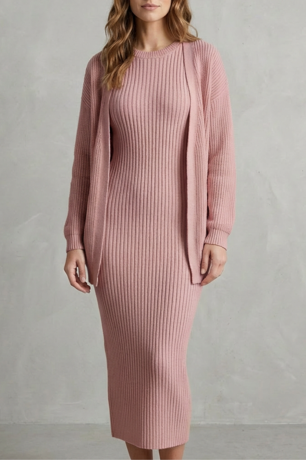 Aurelia – Conjunto Vestido Midi de Tricô Canelado – Conjunto de 2 Peças Justo com Cardigã