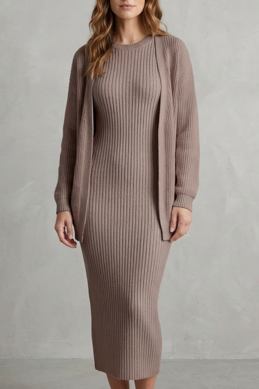 Aurelia – Conjunto Vestido Midi de Tricô Canelado – Conjunto de 2 Peças Justo com Cardigã