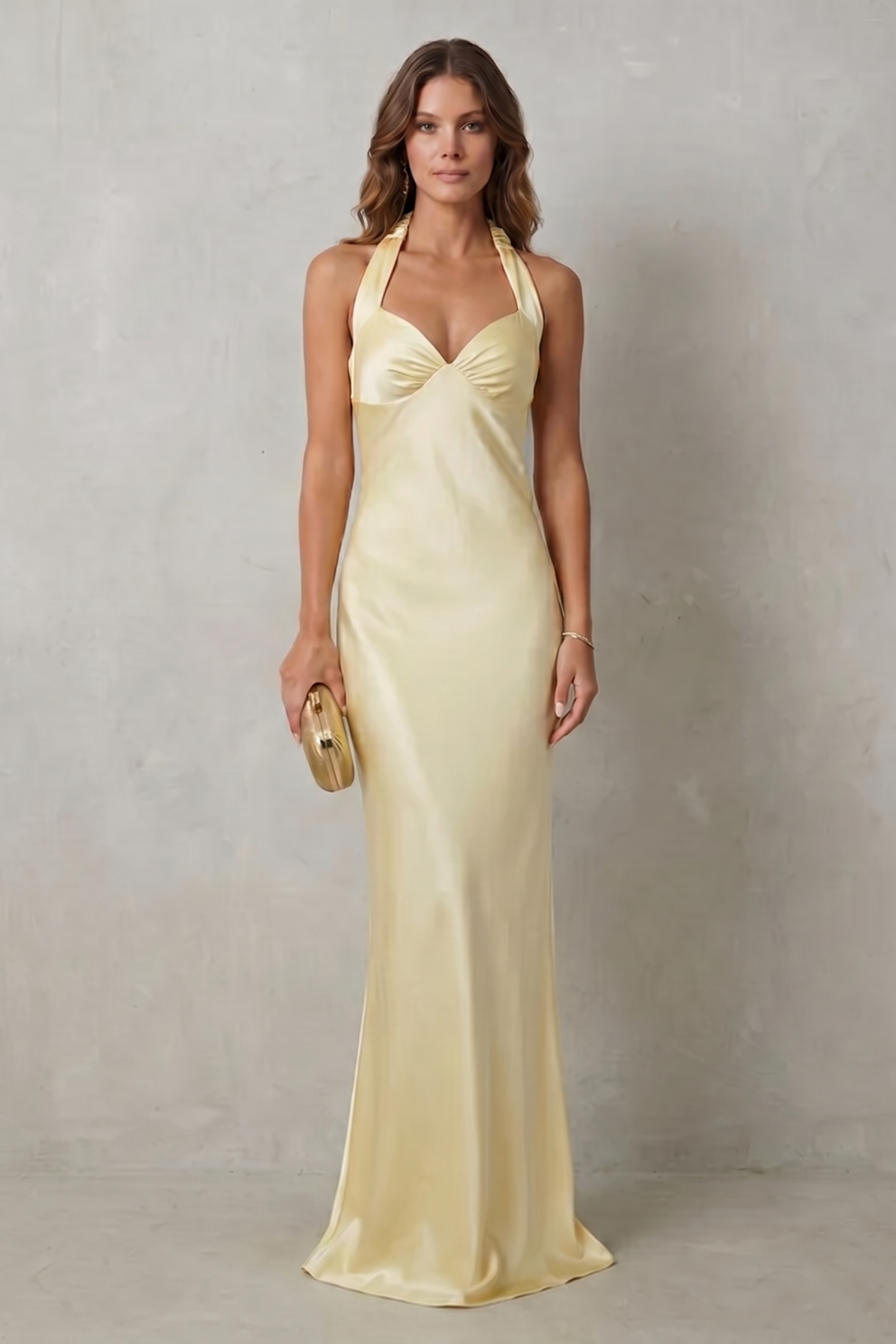 Auréliane – Elegância da hora dourada – Vestido longo de cetim ombro a ombro para noite