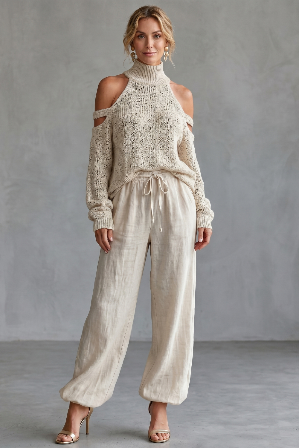 Aurellia – Design ombro a ombro aconchegante – Conjunto de tricô com calça